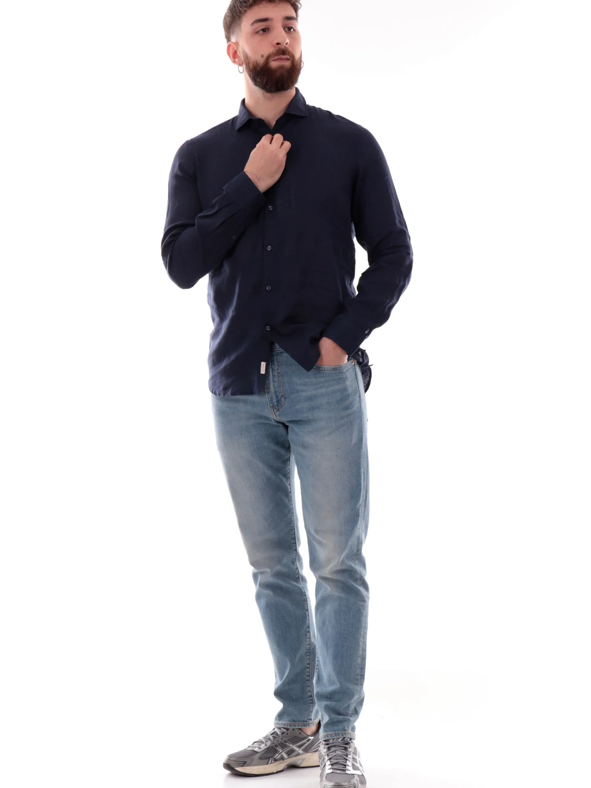 IMPURE Camicie*Camicia lino blu da uomo colletto francese RILEY