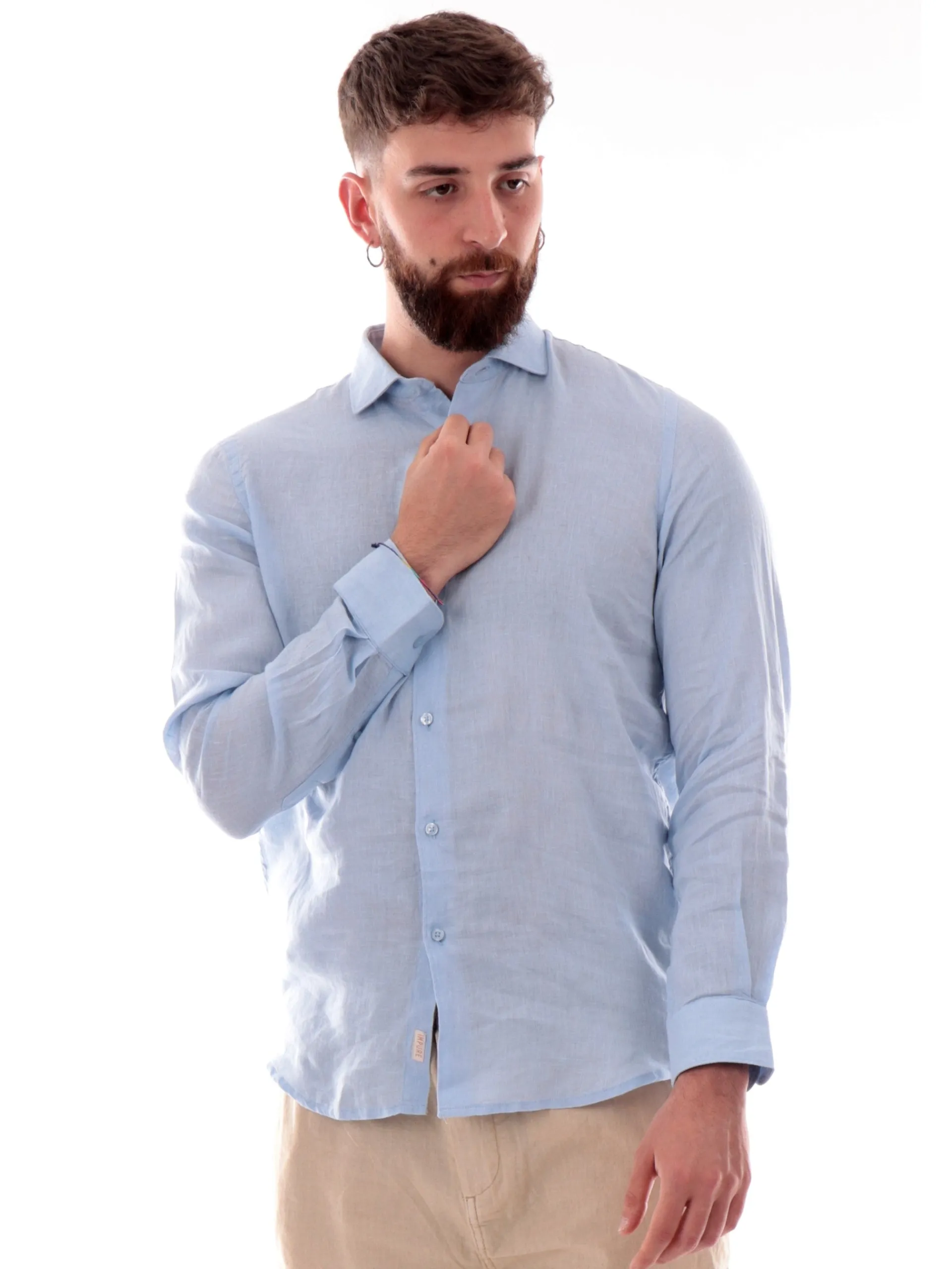 IMPURE Camicie*Camicia lino celeste da uomo colletto francese RILEY