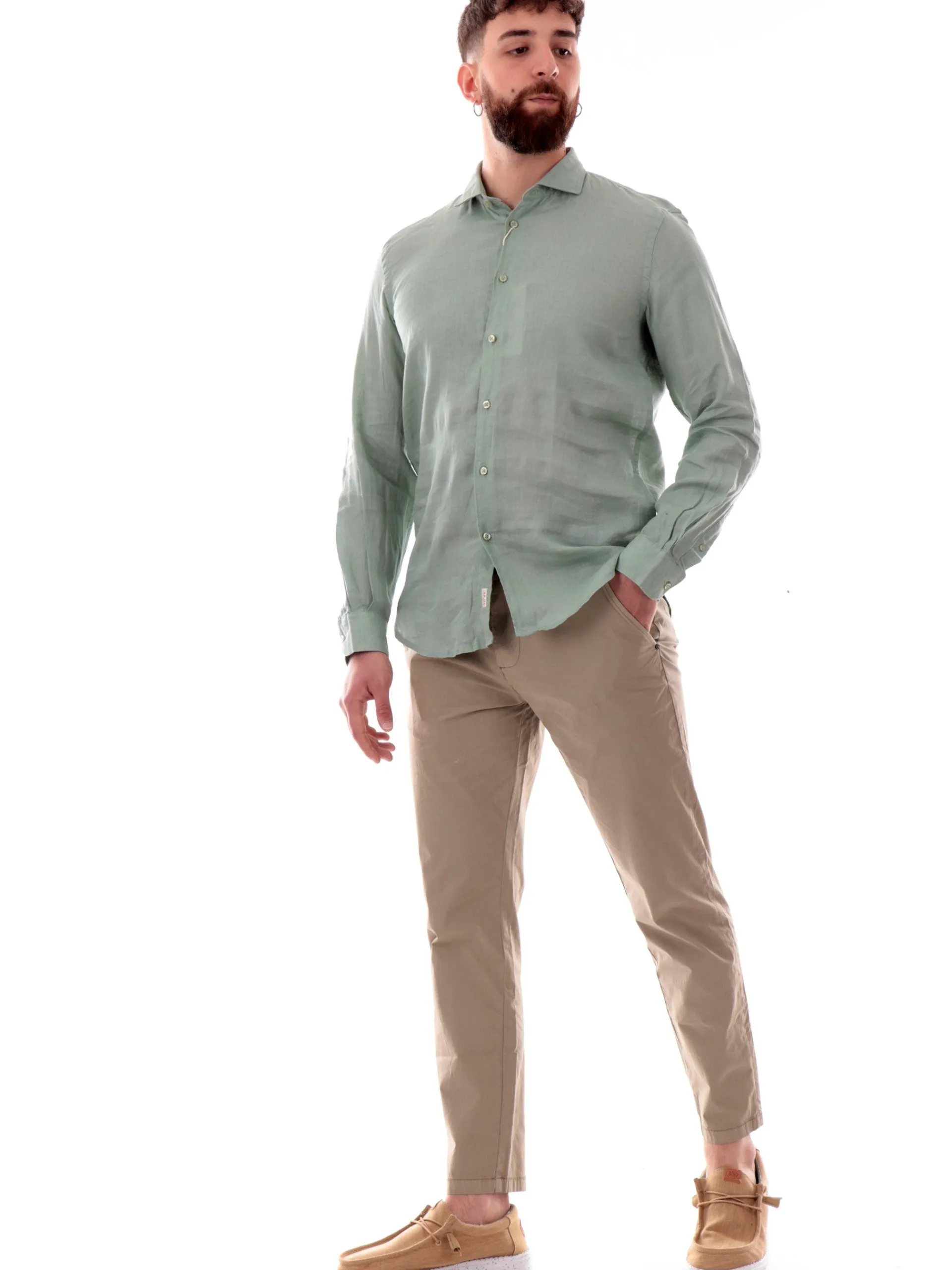 IMPURE Camicie*Camicia lino verde da uomo colletto francese RILEY