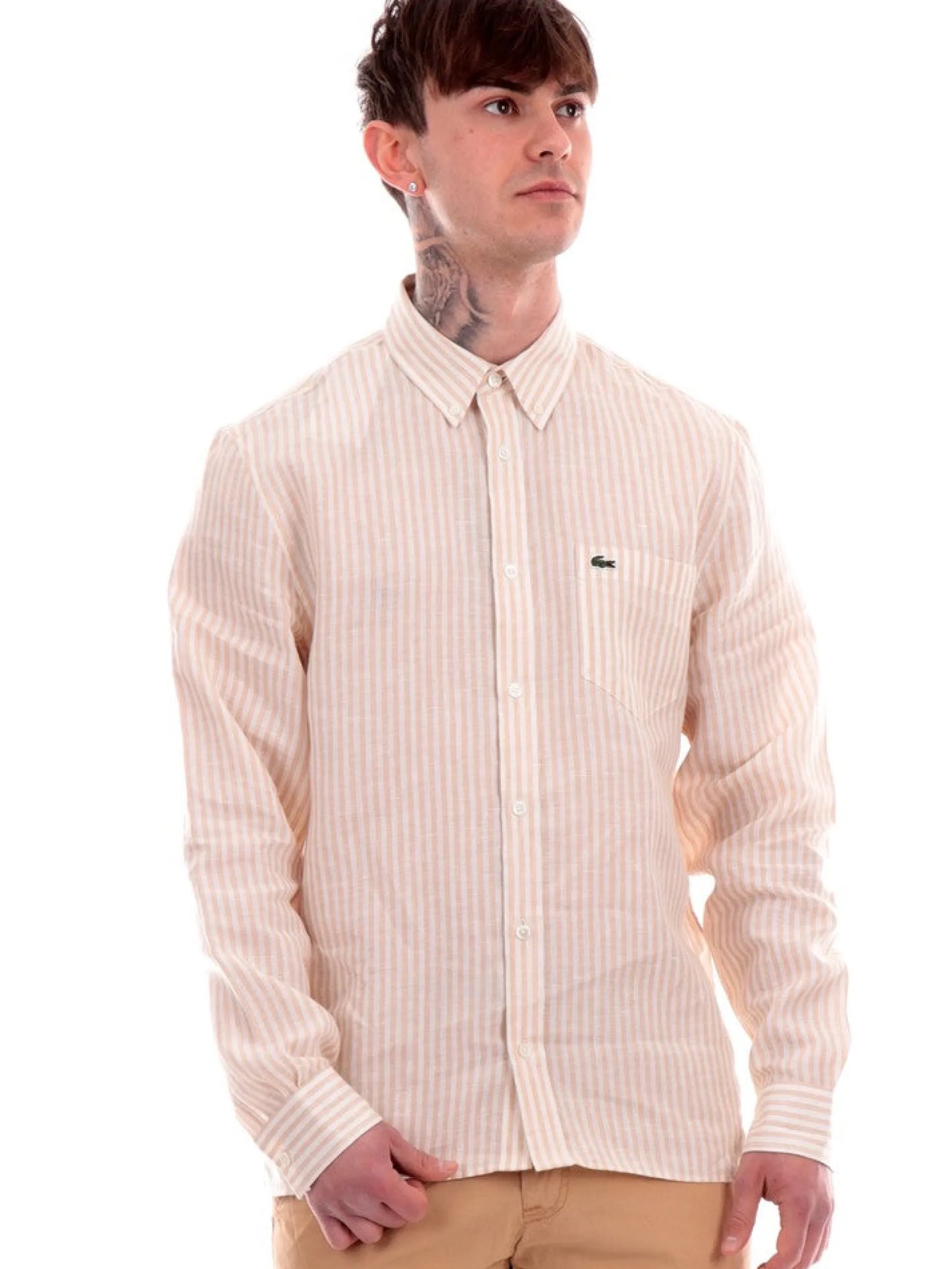 LACOSTE Camicie*Camicia beige da uomo a righe CH6985