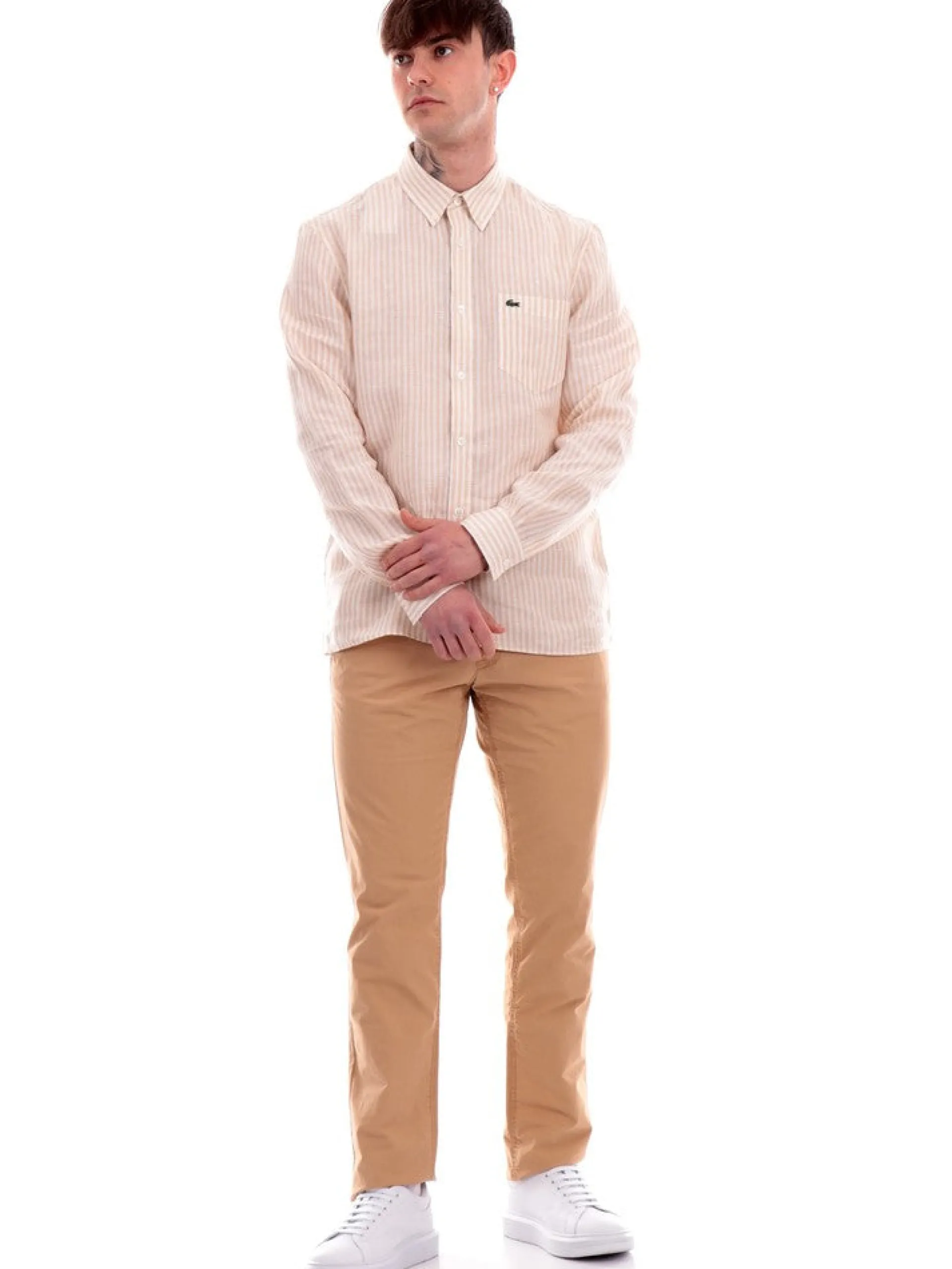 LACOSTE Camicie*Camicia beige da uomo a righe CH6985