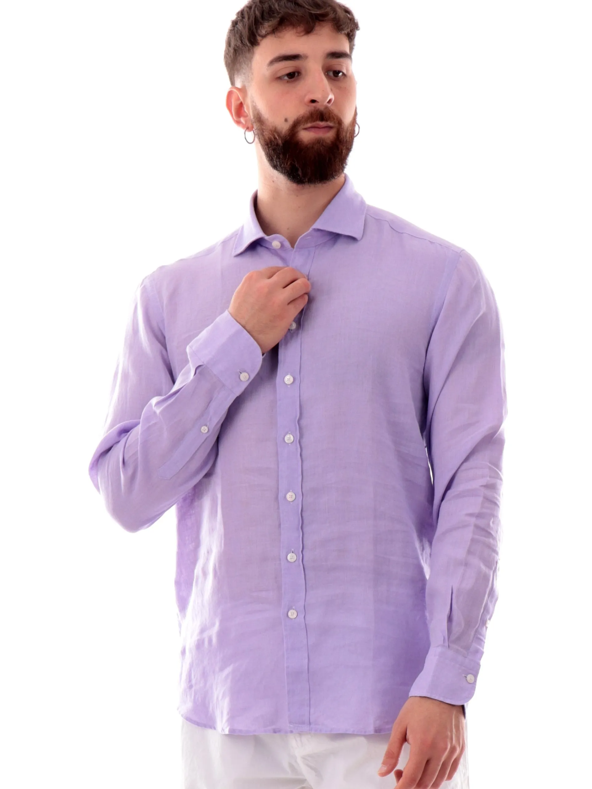 BASTONCINO Camicie*Camicia lino viola da uomo maniche lunghe B05012