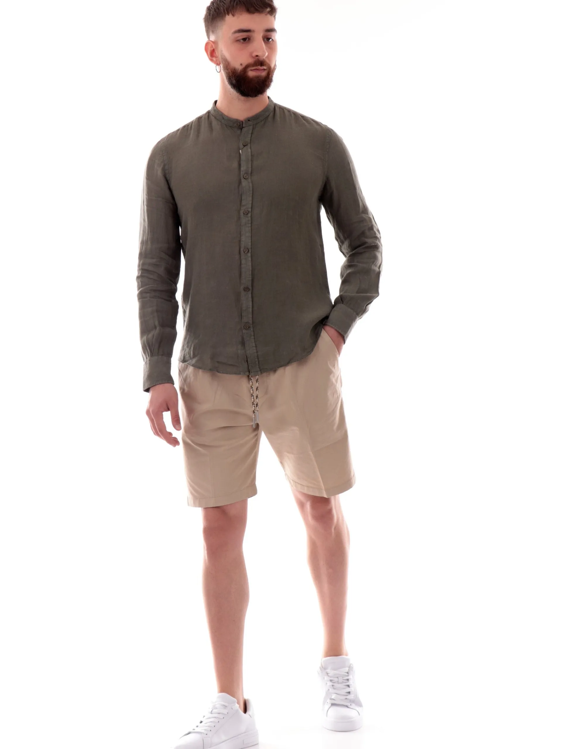 MANIFATTURA BORGHESE Camicie*Camicia lino coreana Borghese verde militare da uomo in lino 5SCA0209LI101