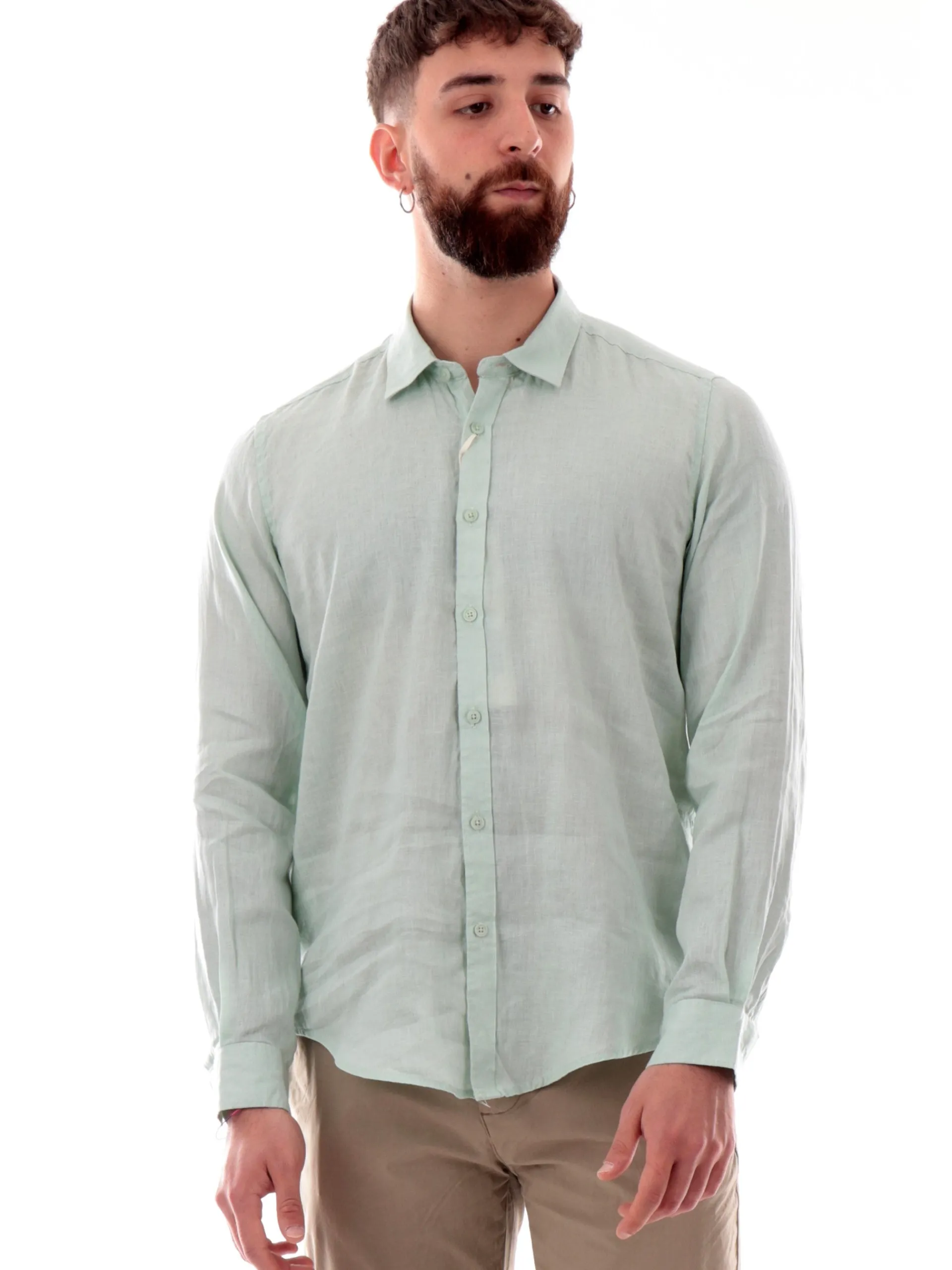 GIANNI LUPO Camicie*Camicia lino verde da uomo colletto francese GL7610SS25