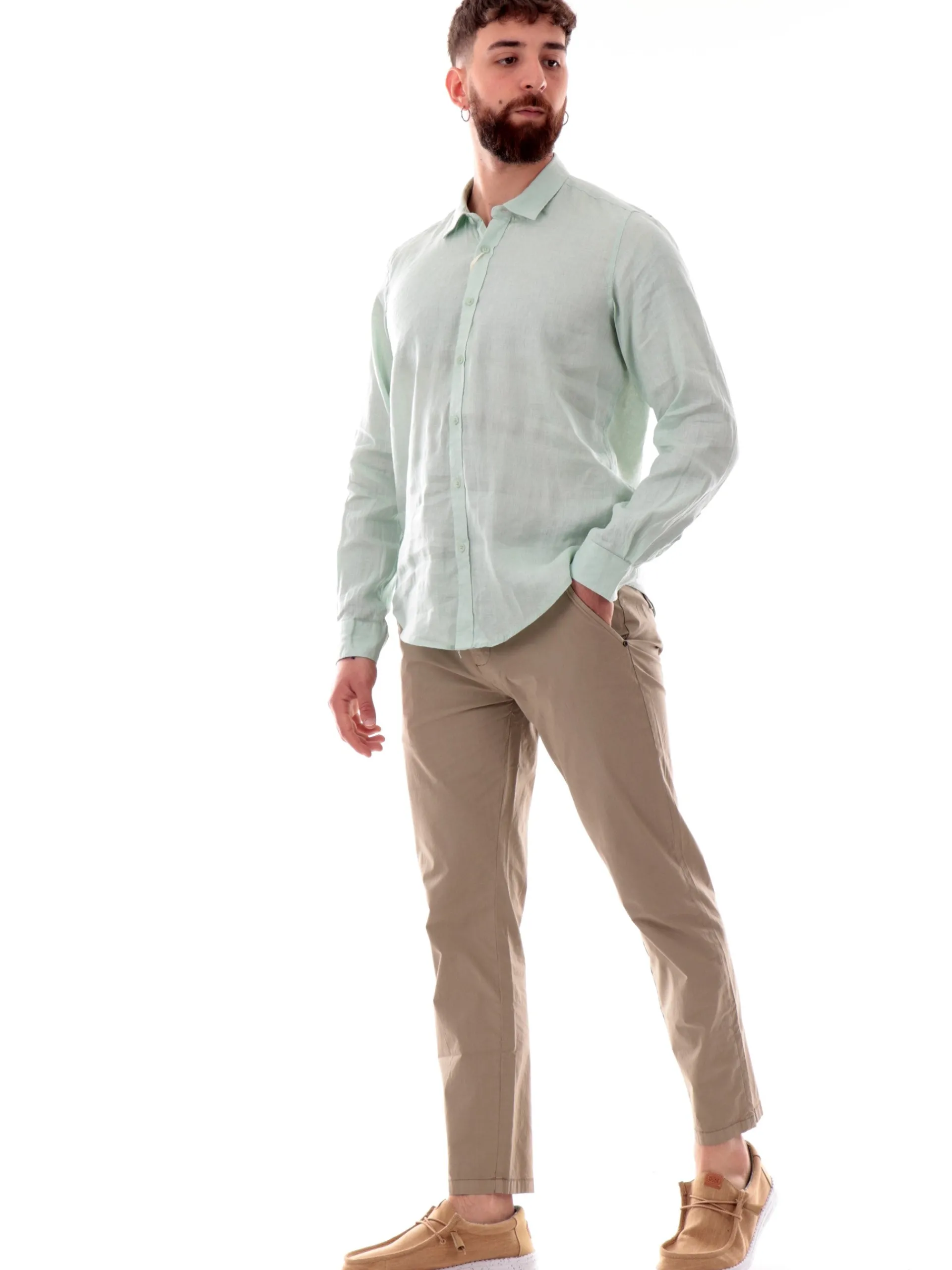 GIANNI LUPO Camicie*Camicia lino verde da uomo colletto francese GL7610SS25
