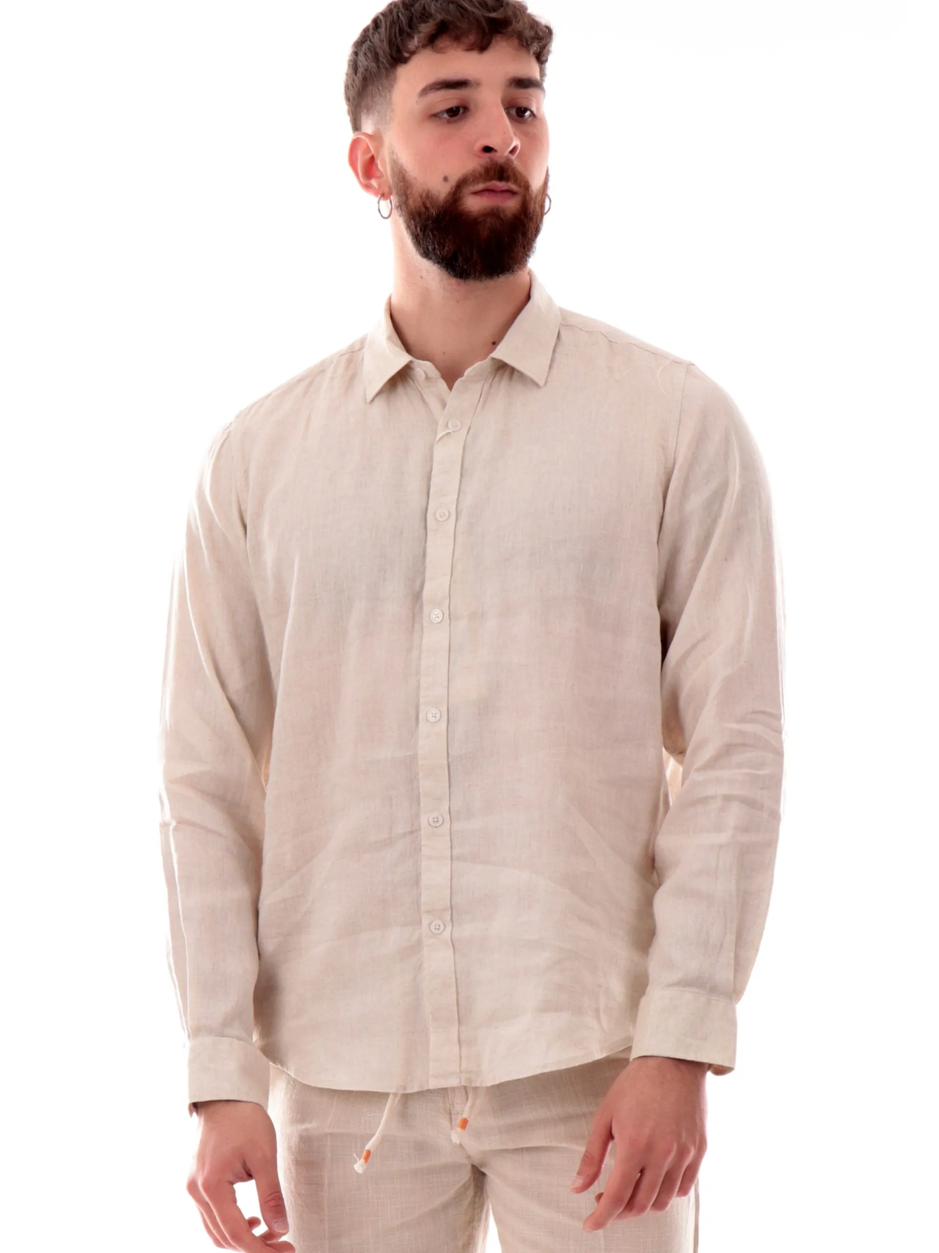 GIANNI LUPO Camicie*Camicia lino beige da uomo colletto francese GL7610SS25
