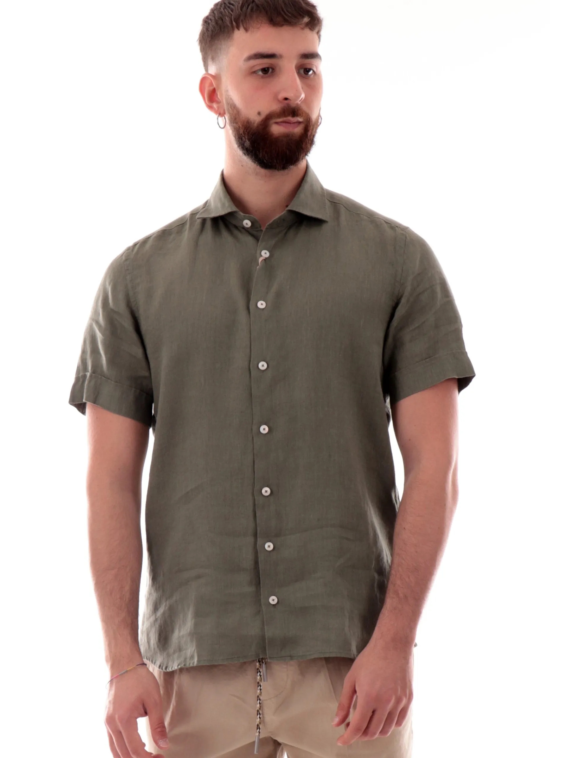BASTONCINO Camicie*Camicia lino verde militare Maniche corte 100% lino B05010 MC