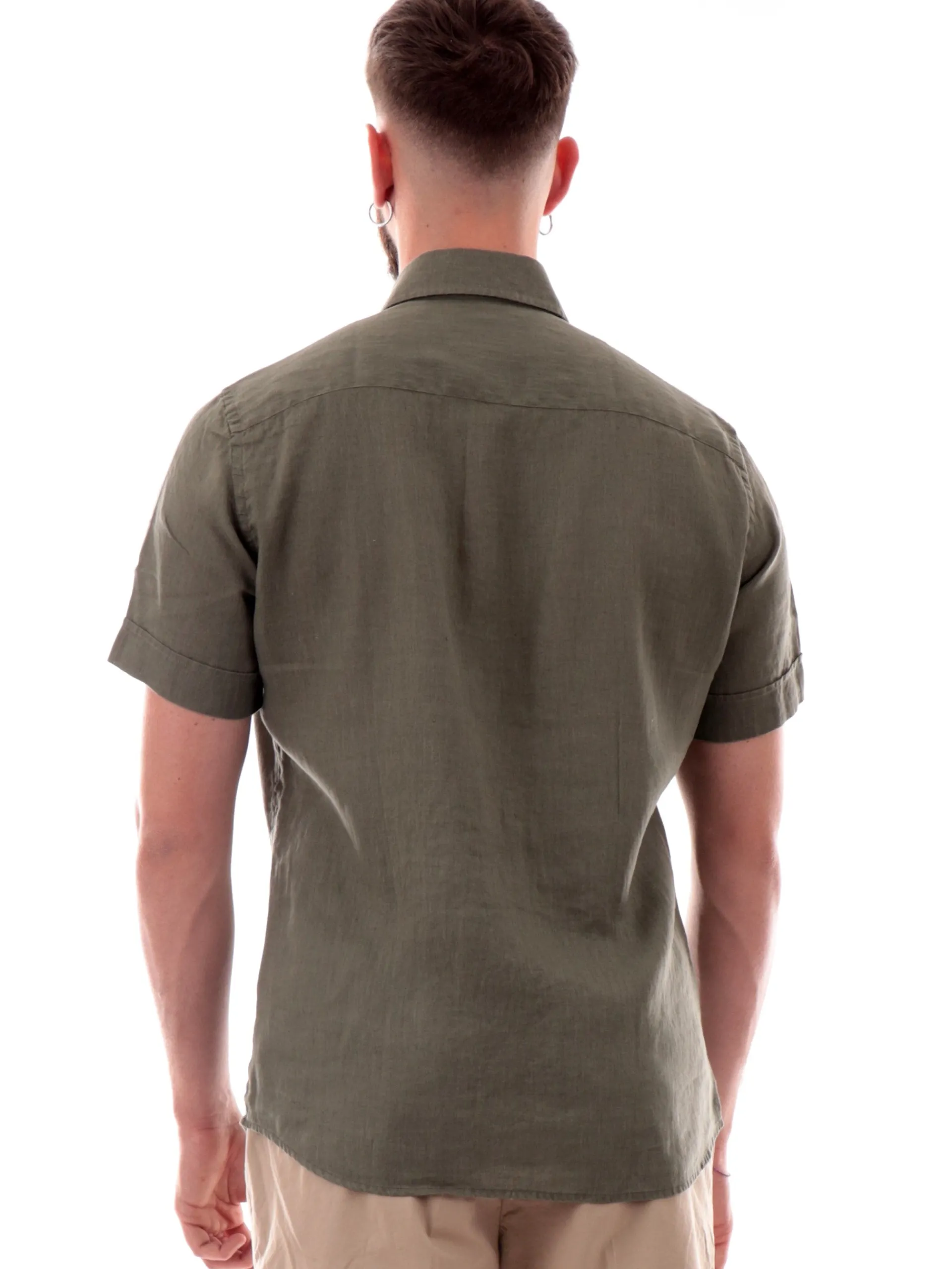 BASTONCINO Camicie*Camicia lino verde militare Maniche corte 100% lino B05010 MC