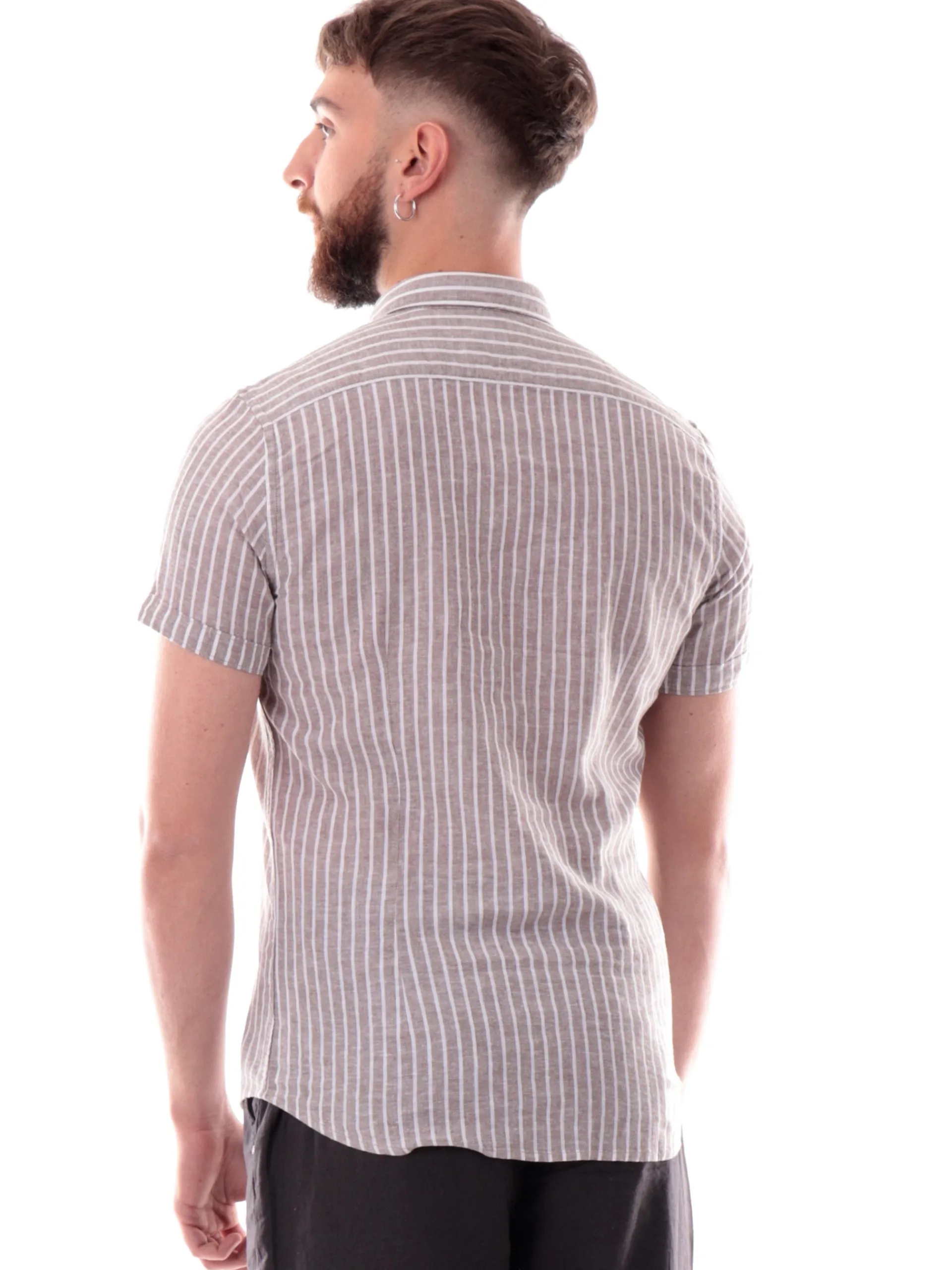 YES ZEE Camicie*Camicia lino beige a righe bianche da uomo C721UA00