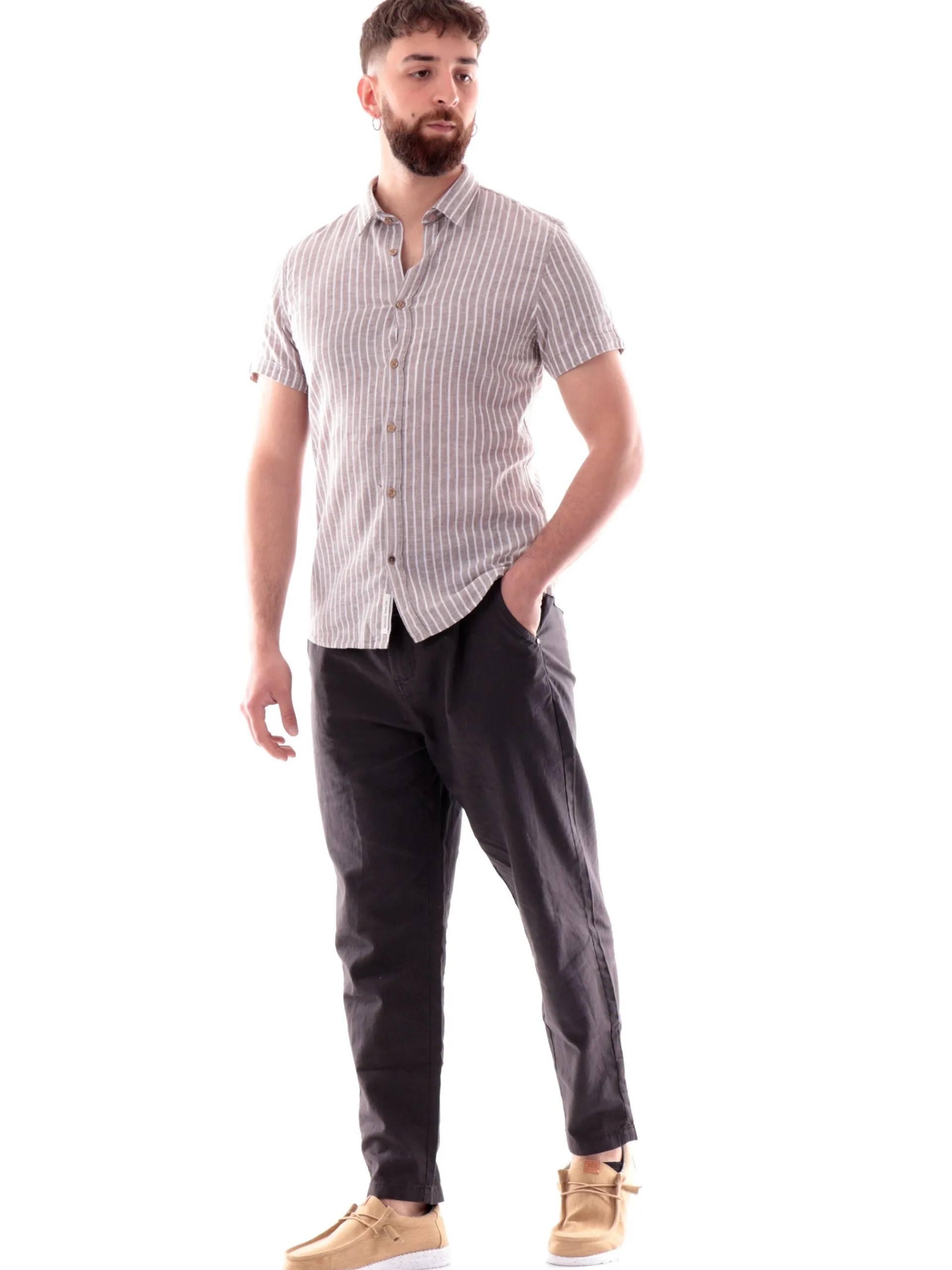 YES ZEE Camicie*Camicia lino beige a righe bianche da uomo C721UA00