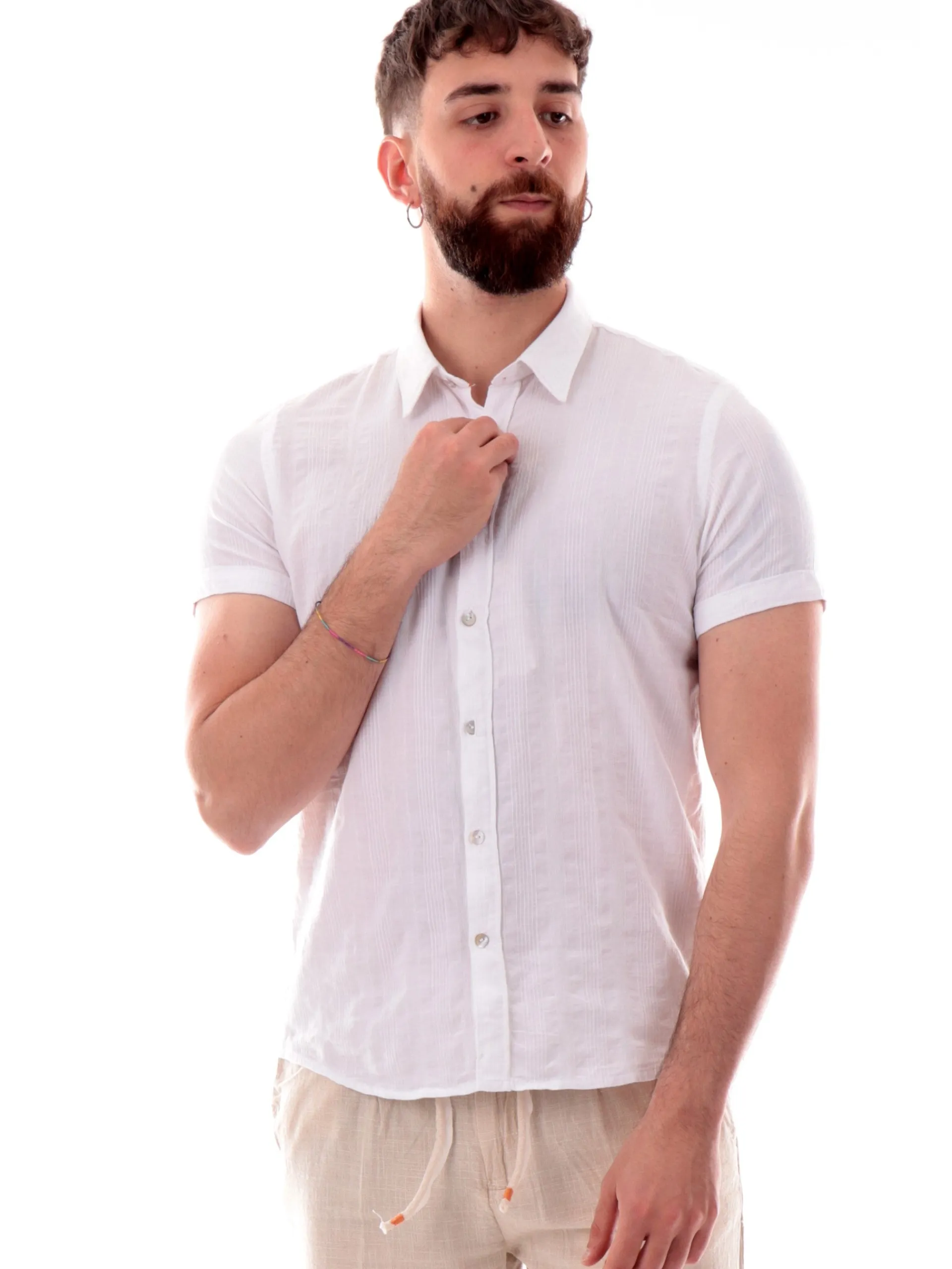 YES ZEE Camicie*Camicia lino bianca rigata da uomo maniche corte C721UC00