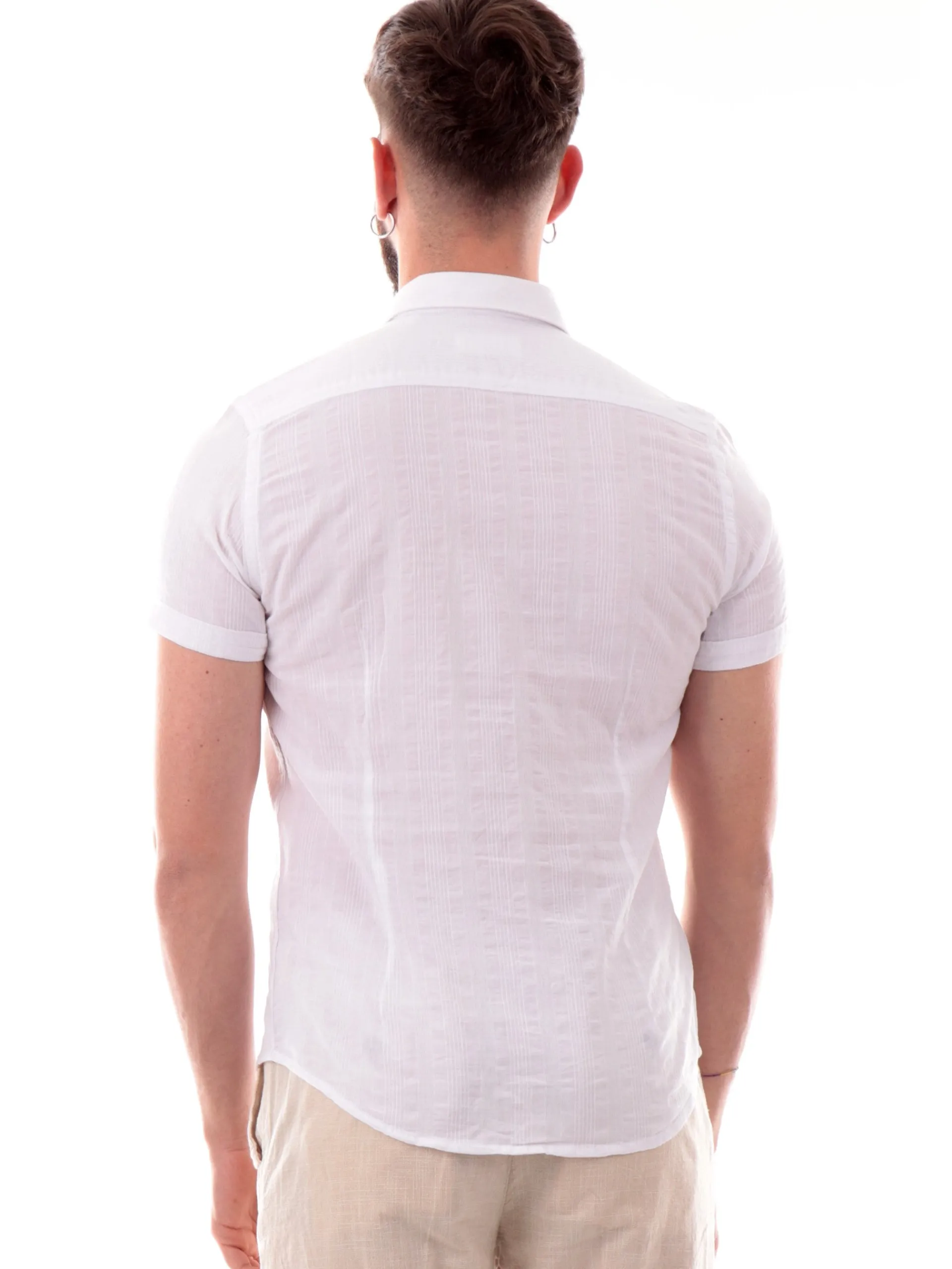 YES ZEE Camicie*Camicia lino bianca rigata da uomo maniche corte C721UC00