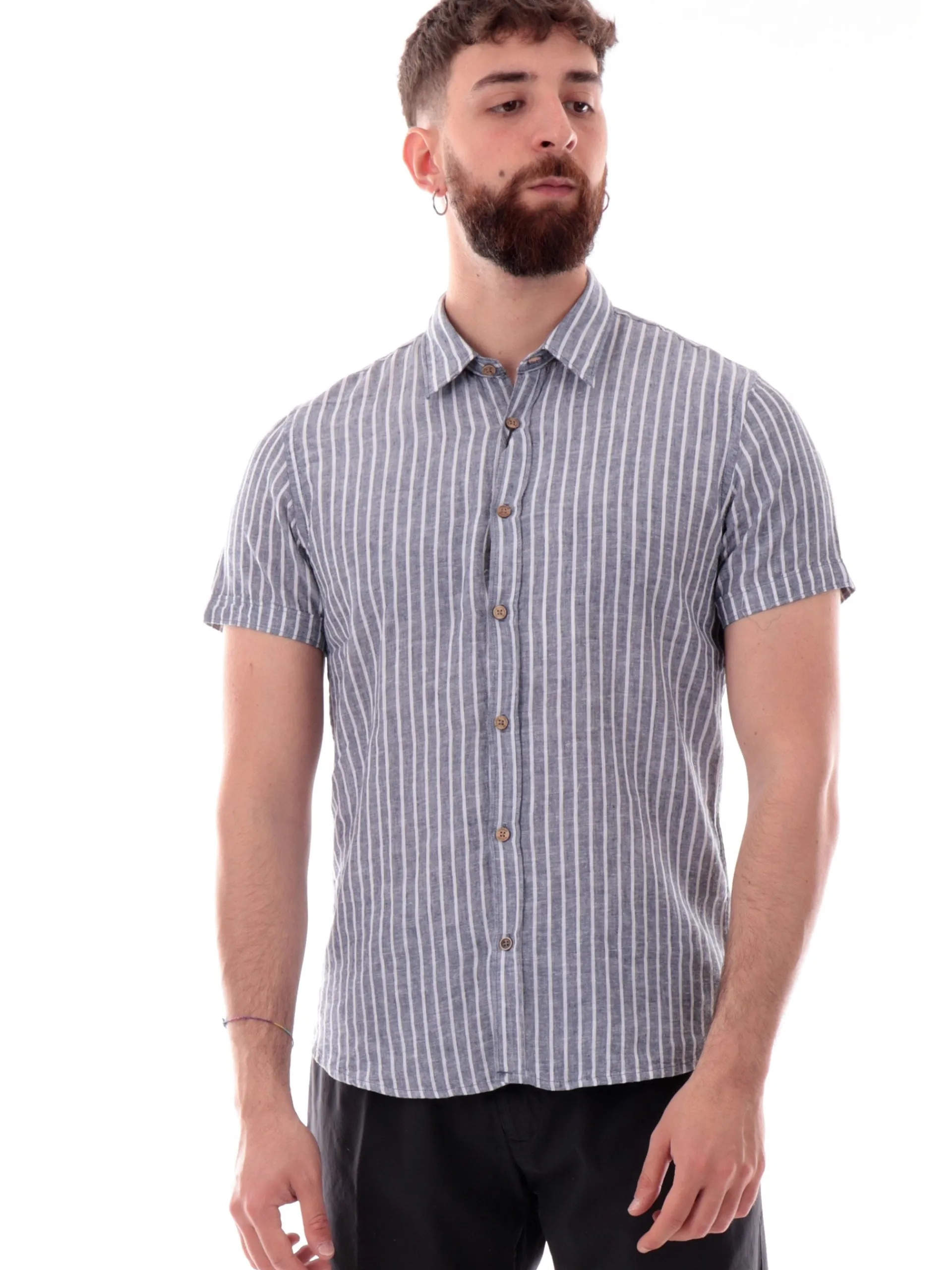 YES ZEE Camicie*Camicia lino blu a righe bianche da uomo C721UA00