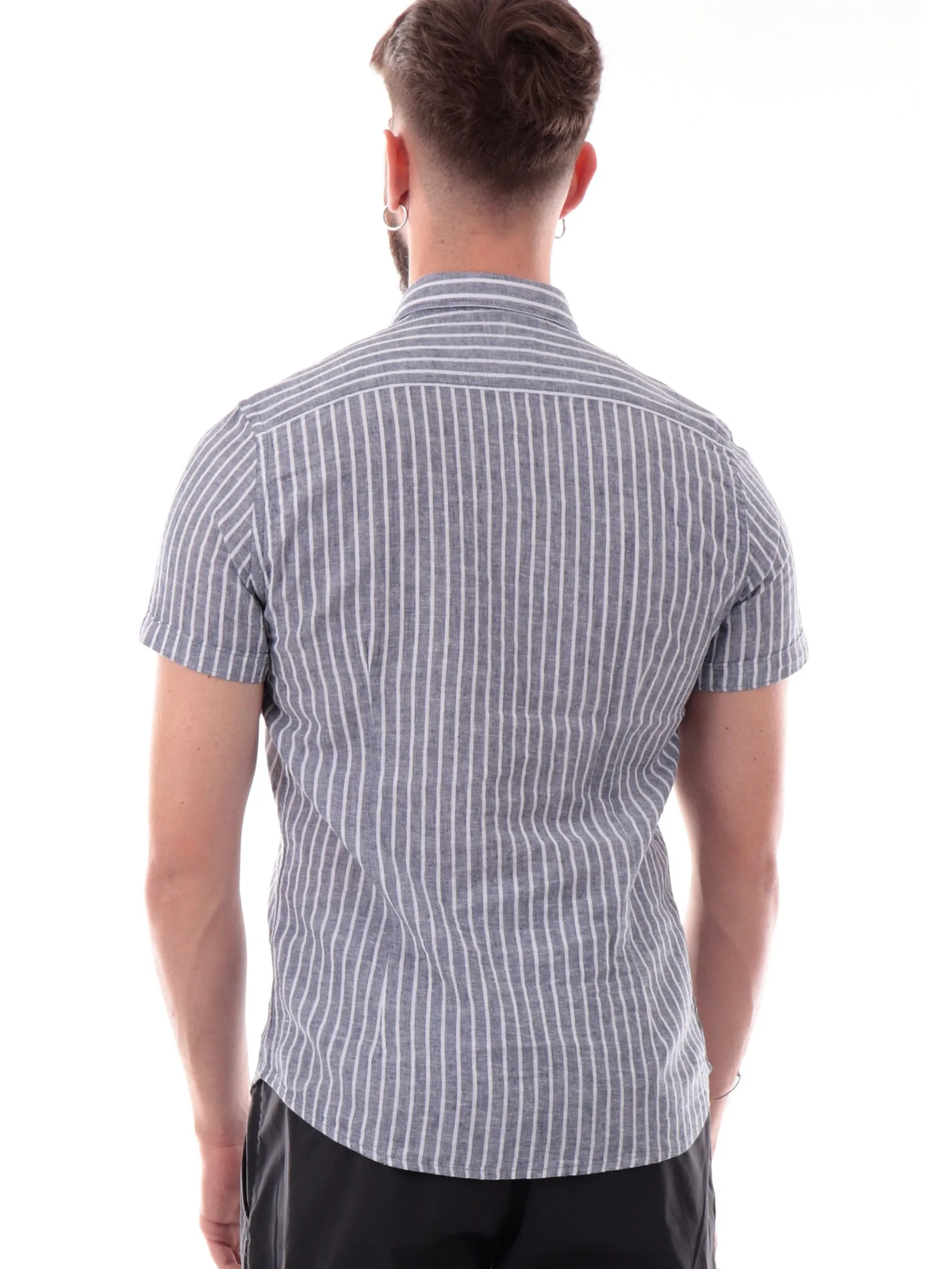 YES ZEE Camicie*Camicia lino blu a righe bianche da uomo C721UA00