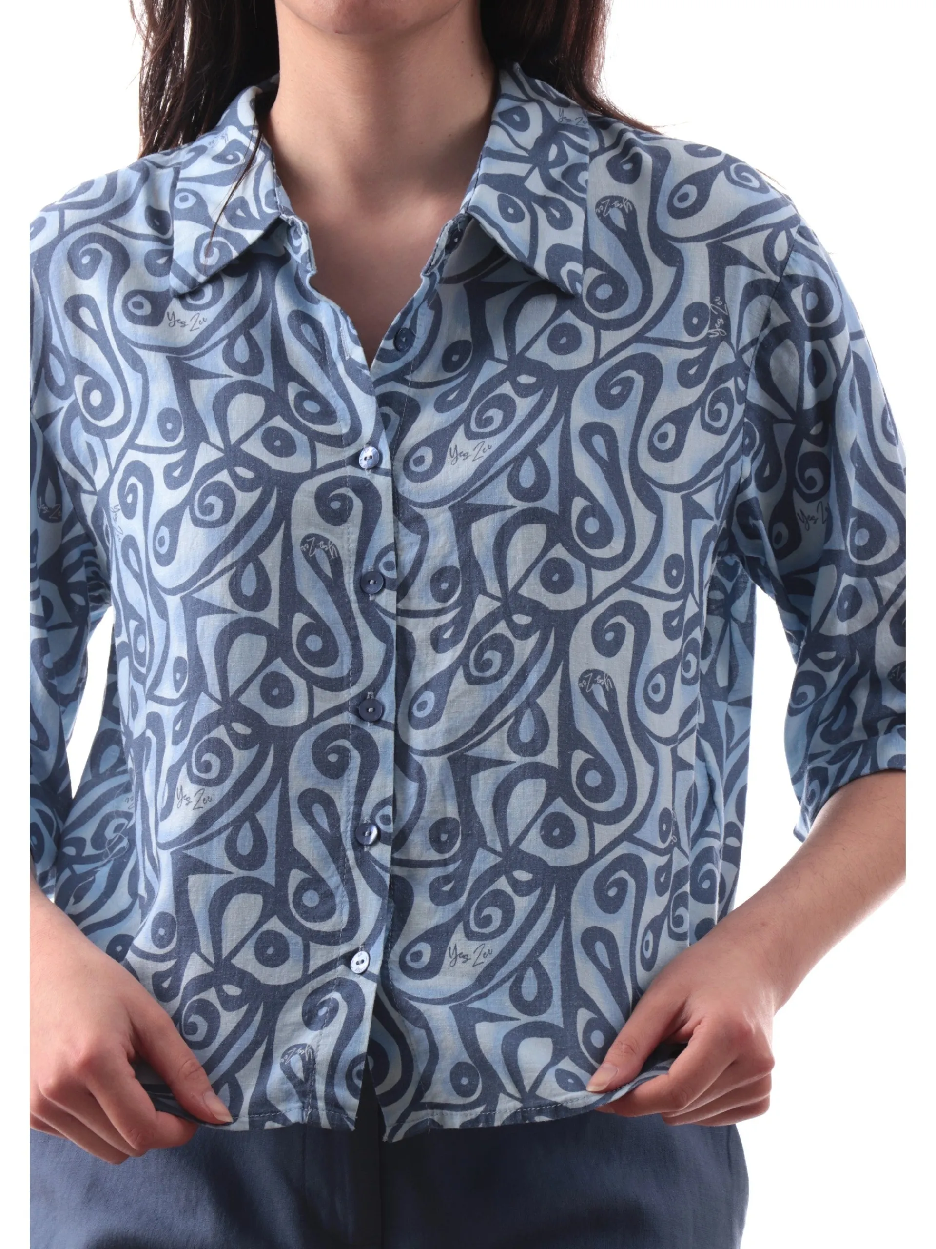 YES ZEE Top & Camicie*Camicia lino blu da donna fantasia foulard C400V900