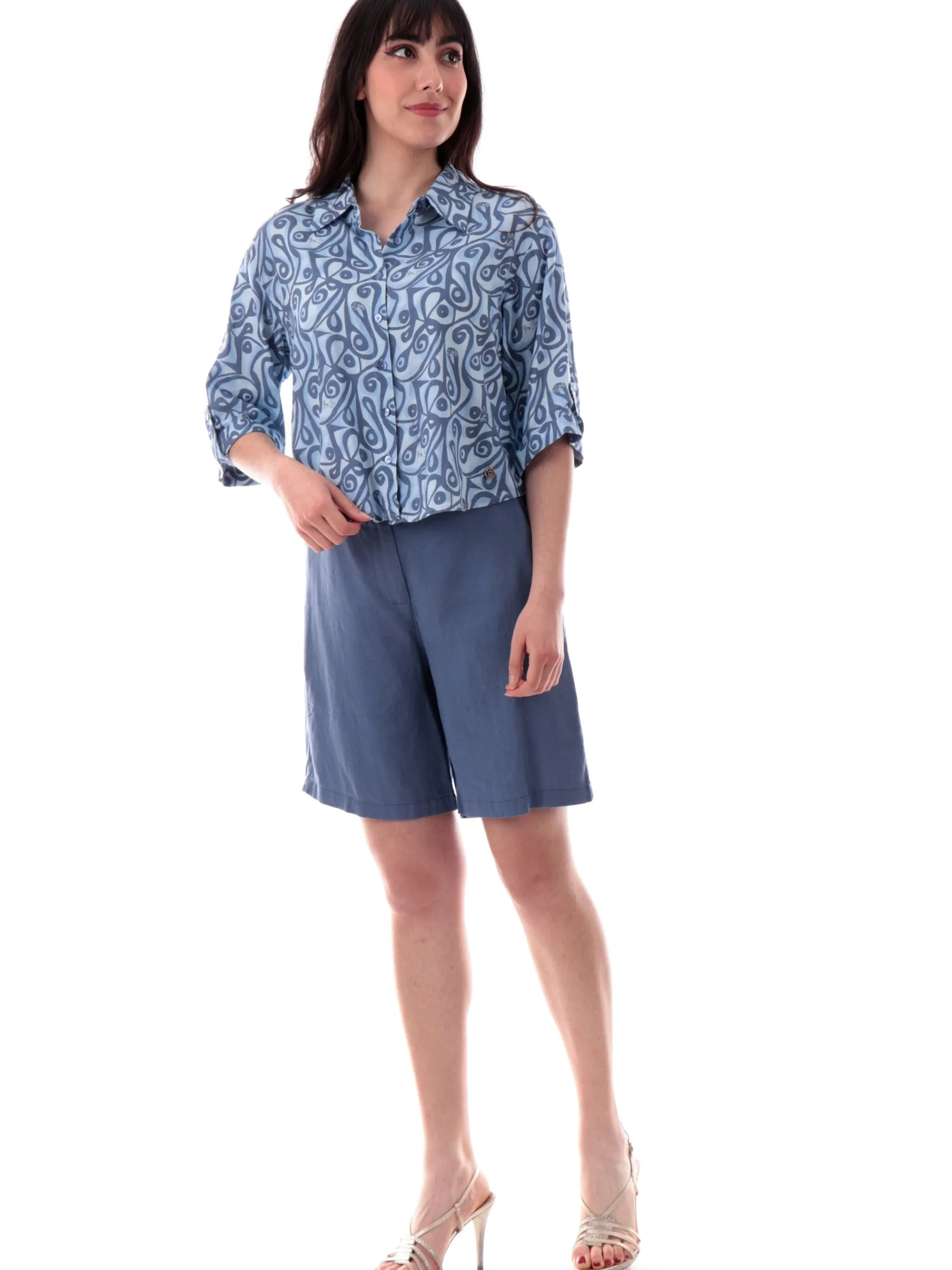 YES ZEE Top & Camicie*Camicia lino blu da donna fantasia foulard C400V900