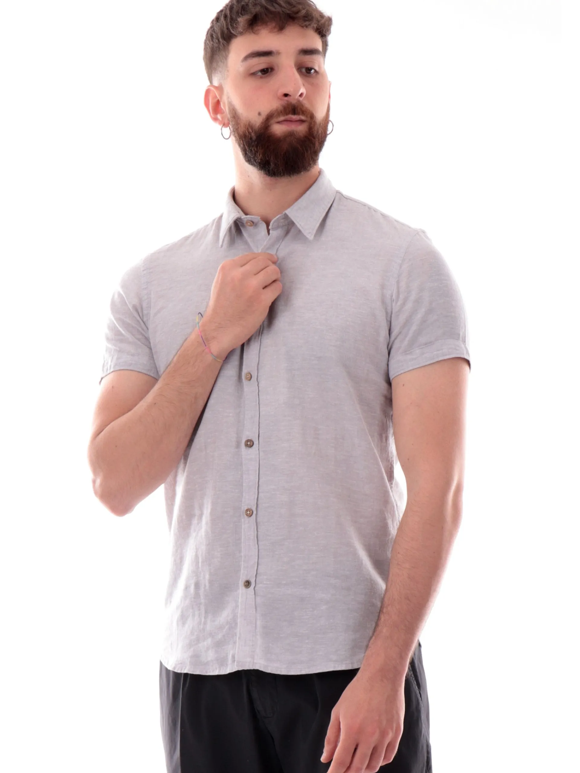 YES ZEE Camicie*Camicia lino grigia da uomo maniche corte C721UM00
