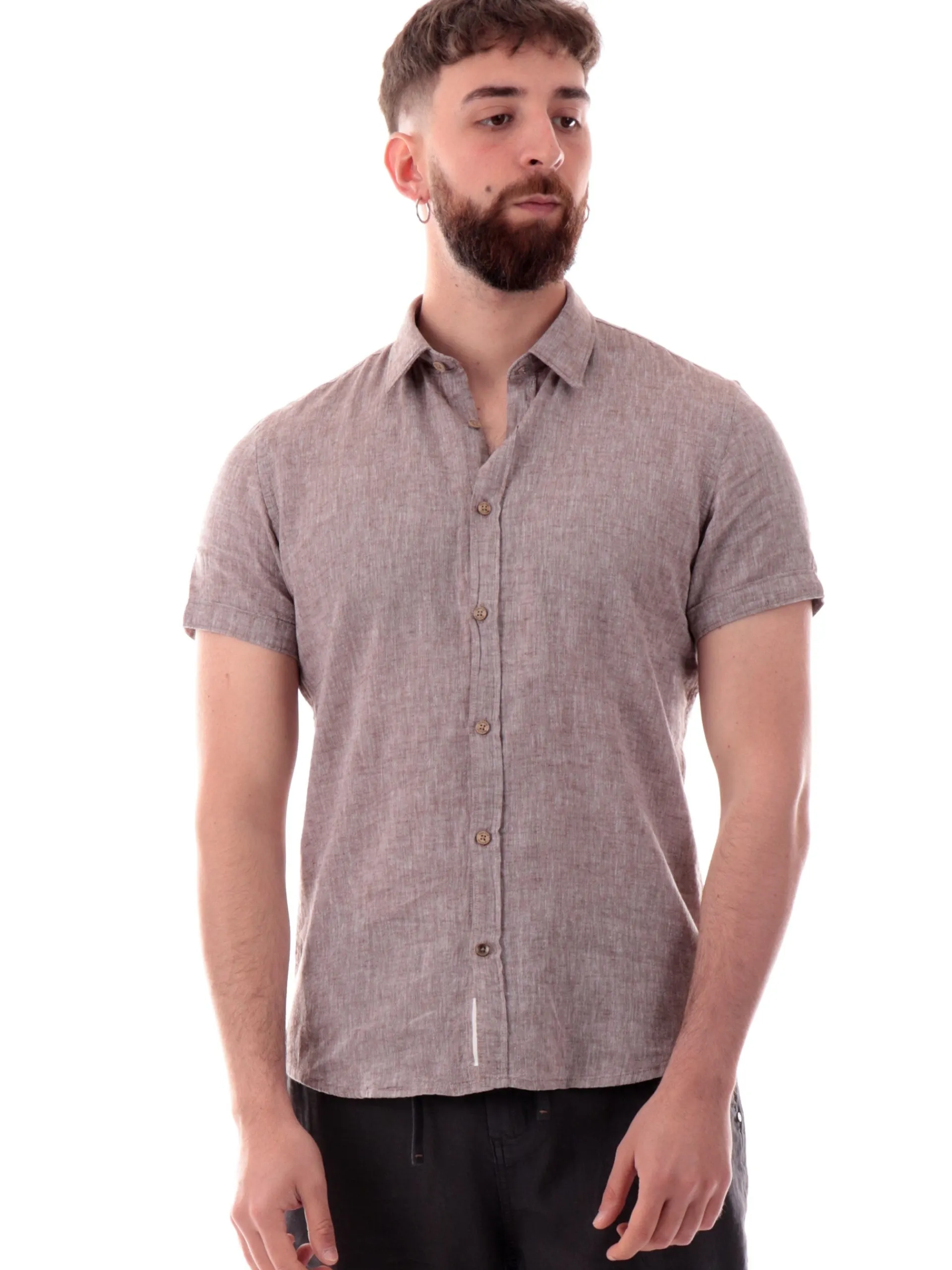 YES ZEE Camicie*Camicia lino marrone da uomo maniche corte C721UM00