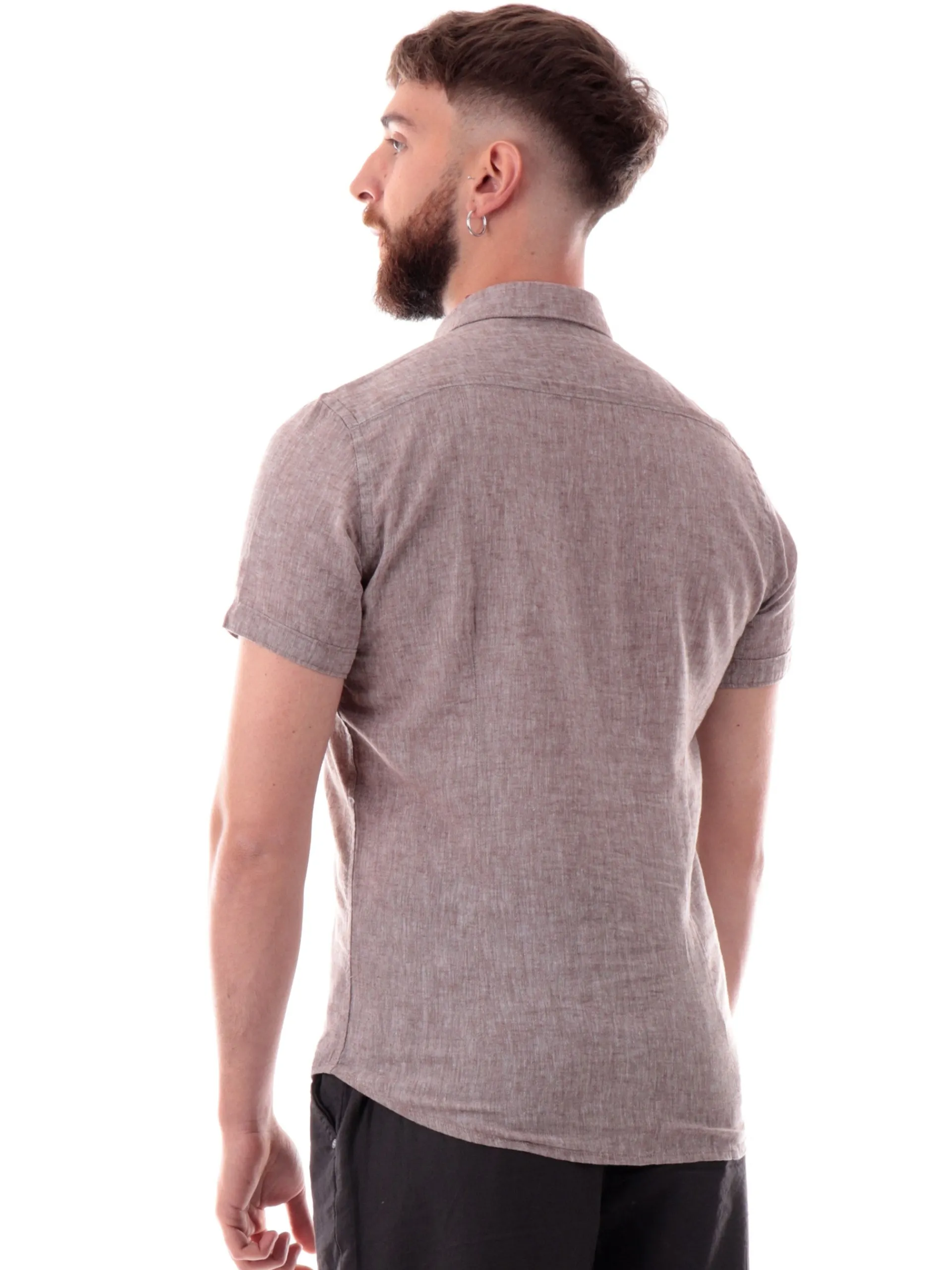 YES ZEE Camicie*Camicia lino marrone da uomo maniche corte C721UM00