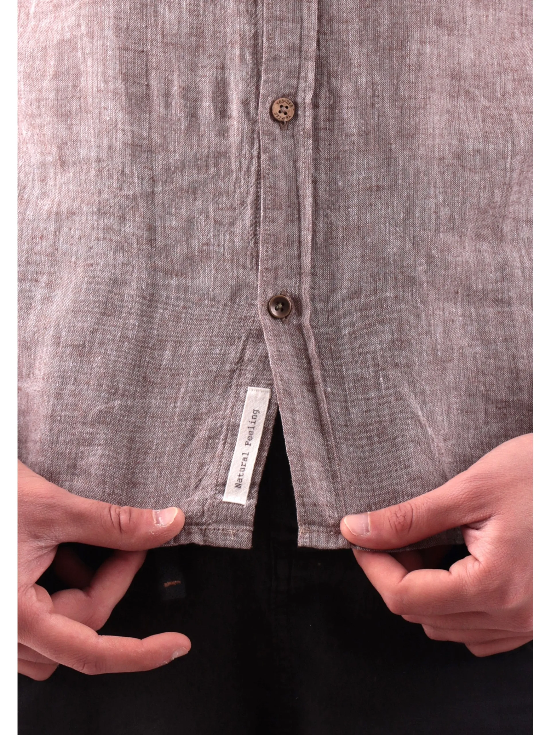YES ZEE Camicie*Camicia lino marrone da uomo maniche corte C721UM00