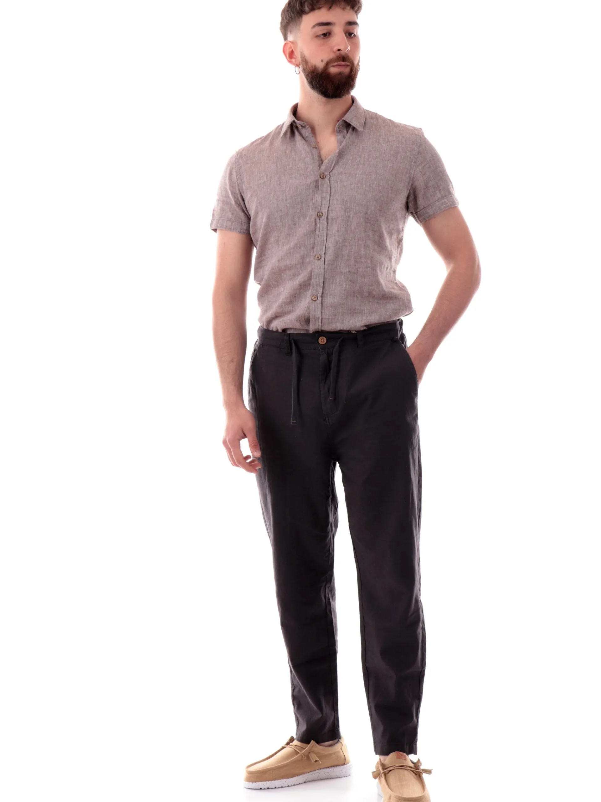 YES ZEE Camicie*Camicia lino marrone da uomo maniche corte C721UM00