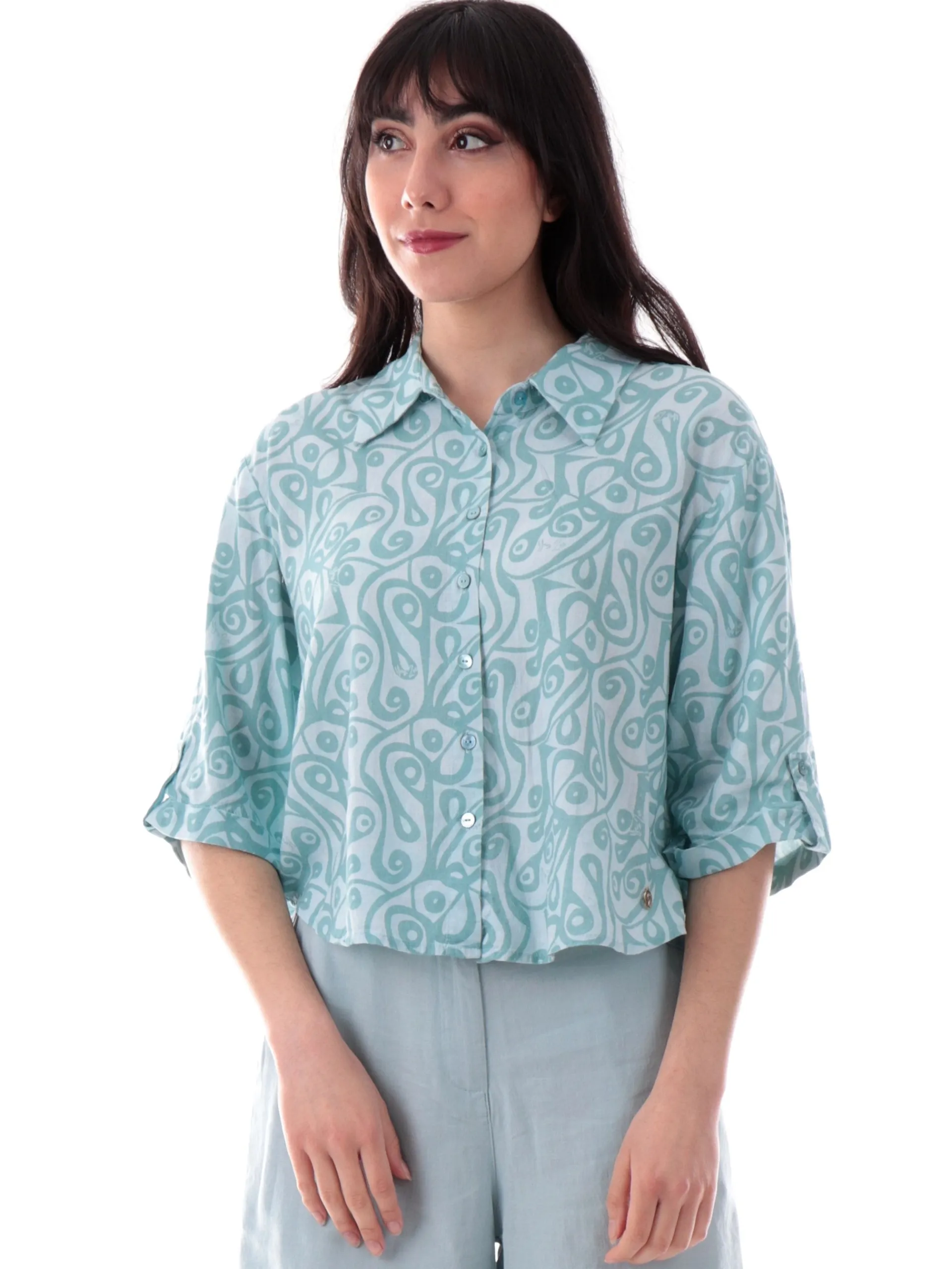 YES ZEE Top & Camicie*Camicia lino verde da donna fantasia foulard C400V900