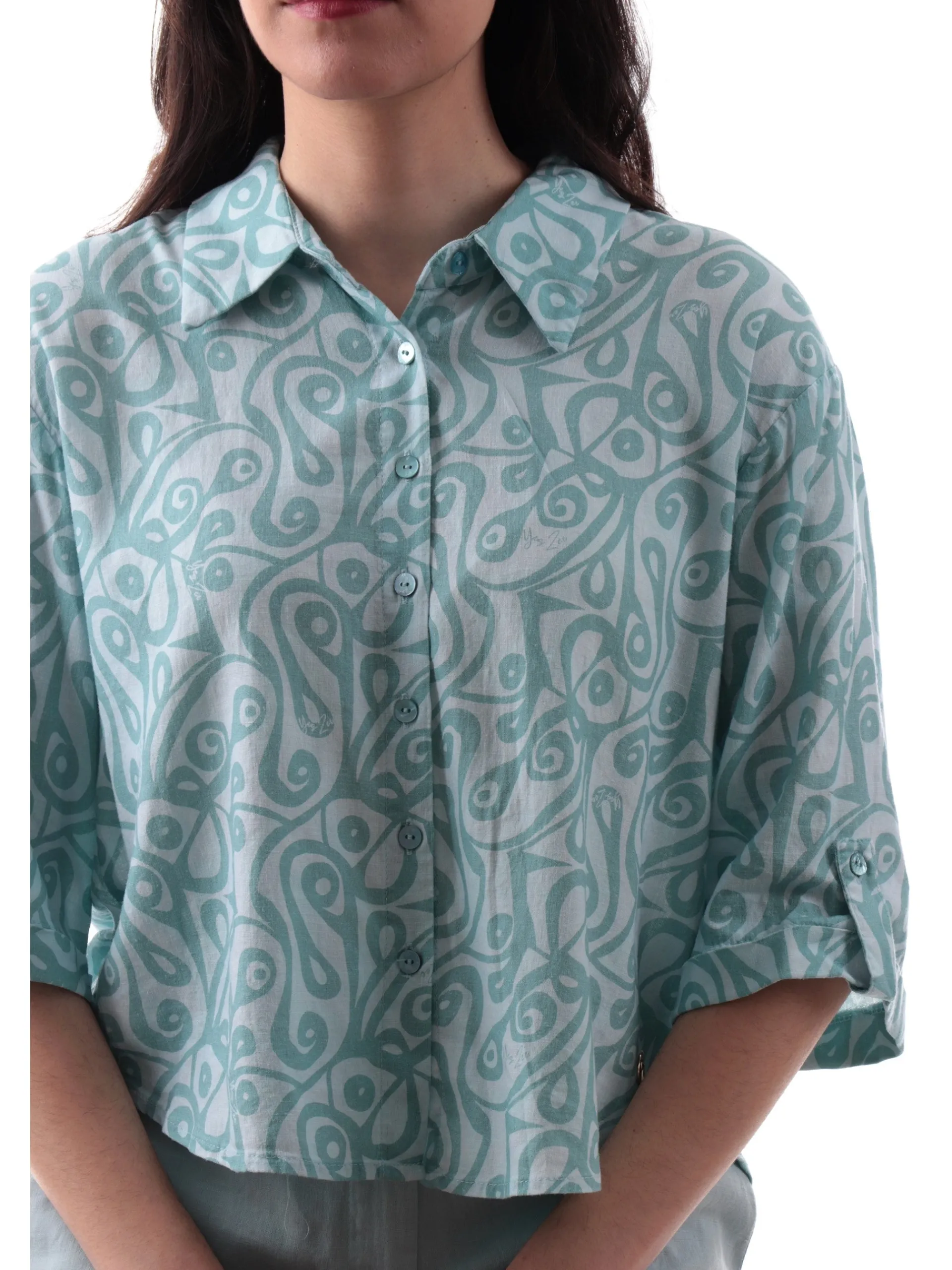 YES ZEE Top & Camicie*Camicia lino verde da donna fantasia foulard C400V900