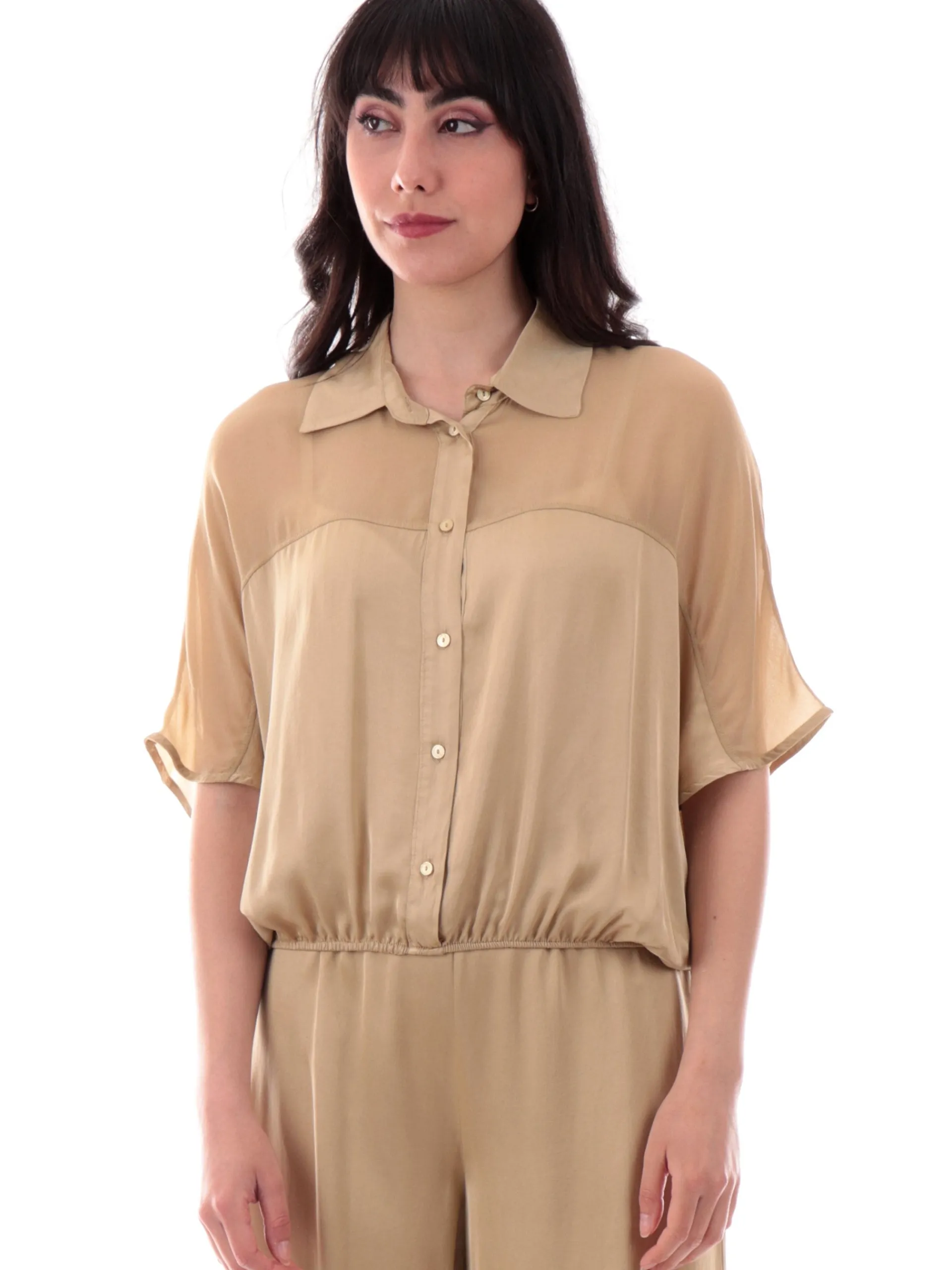 MANILA GRACE Top & Camicie*Camicia beige raso satin da donna con inserti in velo C048VUMA