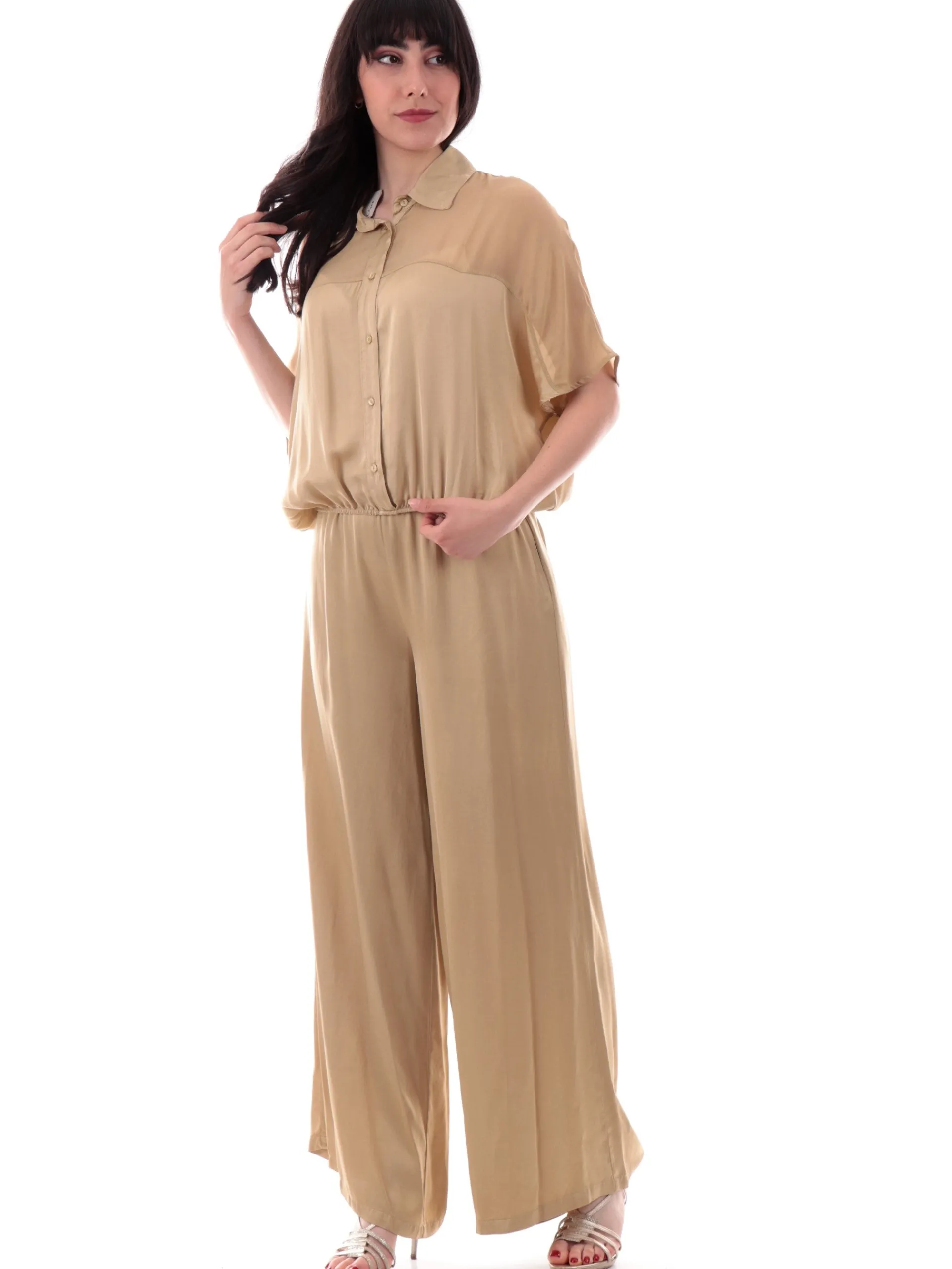 MANILA GRACE Top & Camicie*Camicia beige raso satin da donna con inserti in velo C048VUMA