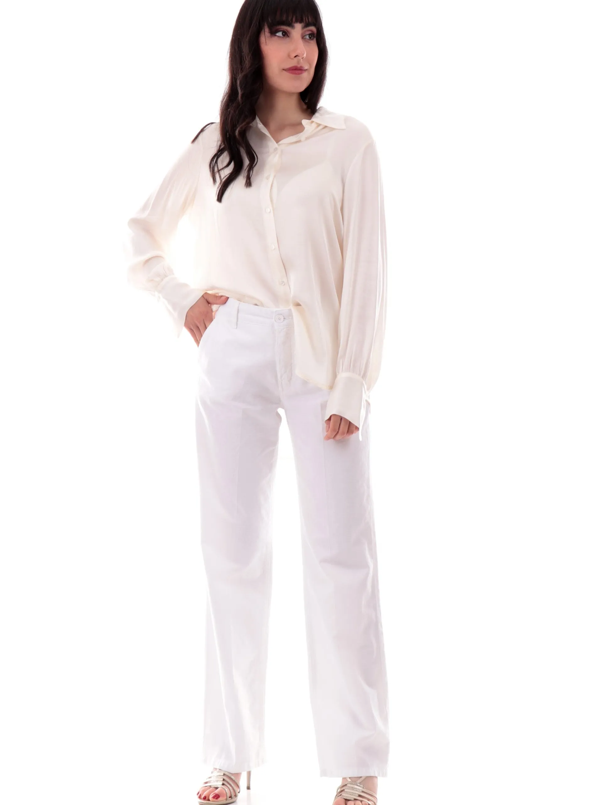 MANILA GRACE Top & Camicie*Camicia over Bianco panna raso satin da donna colletto francese C045VUMA