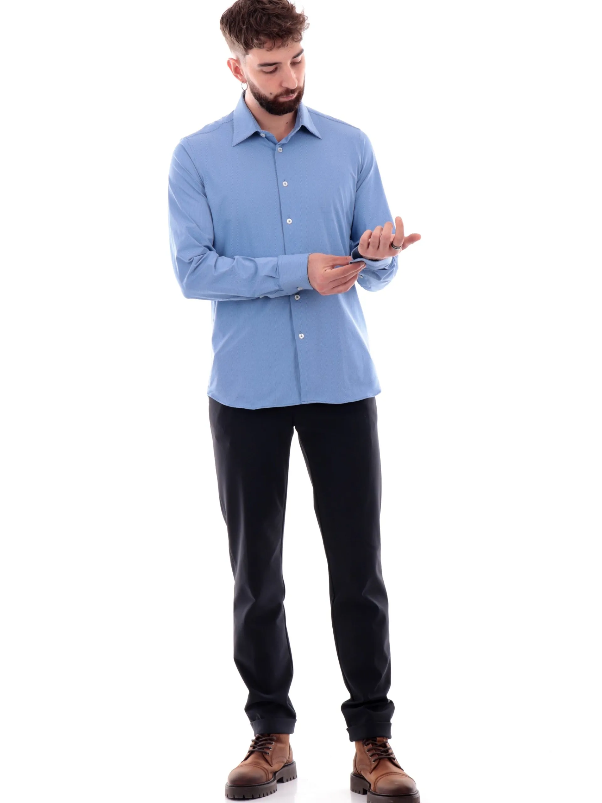 RRD Camicie*Camicia blu da uomo Oxford Jaquard Quadri Piccoli W24253V