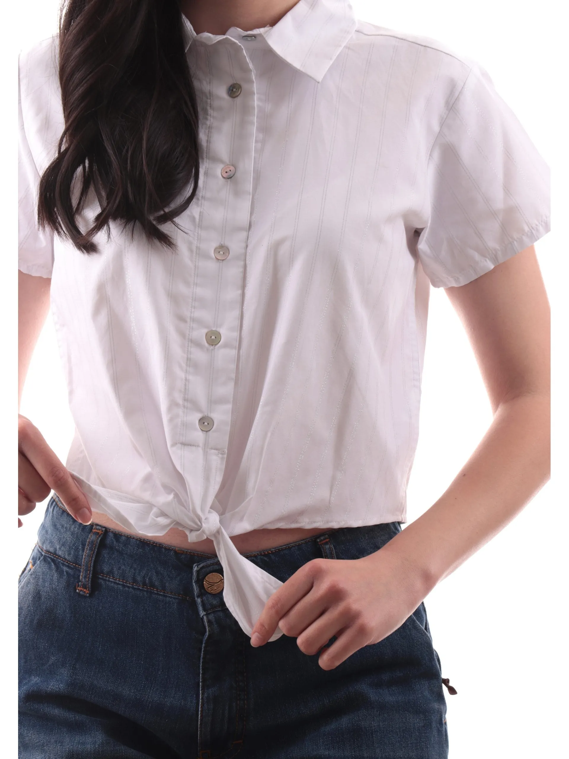 YES ZEE Top & Camicie*Camicia bianca crop con nodo righe argento C209YT002101