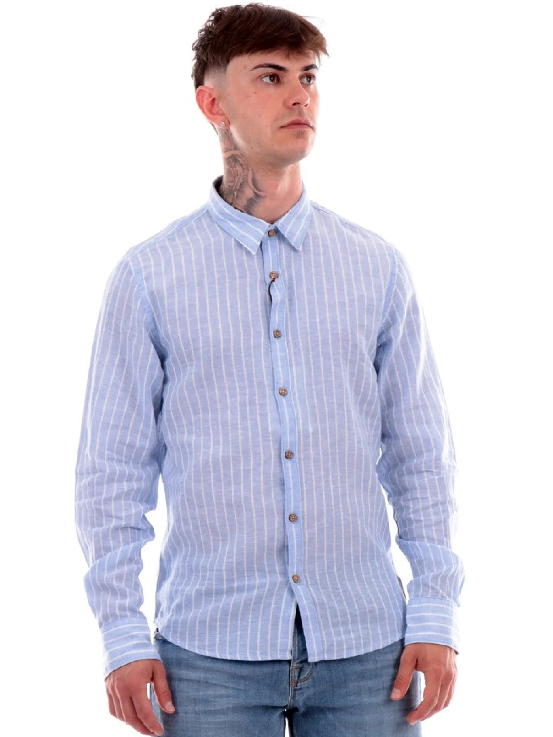 YES ZEE Camicie*Camicia celeste a righe da uomo C521UA002