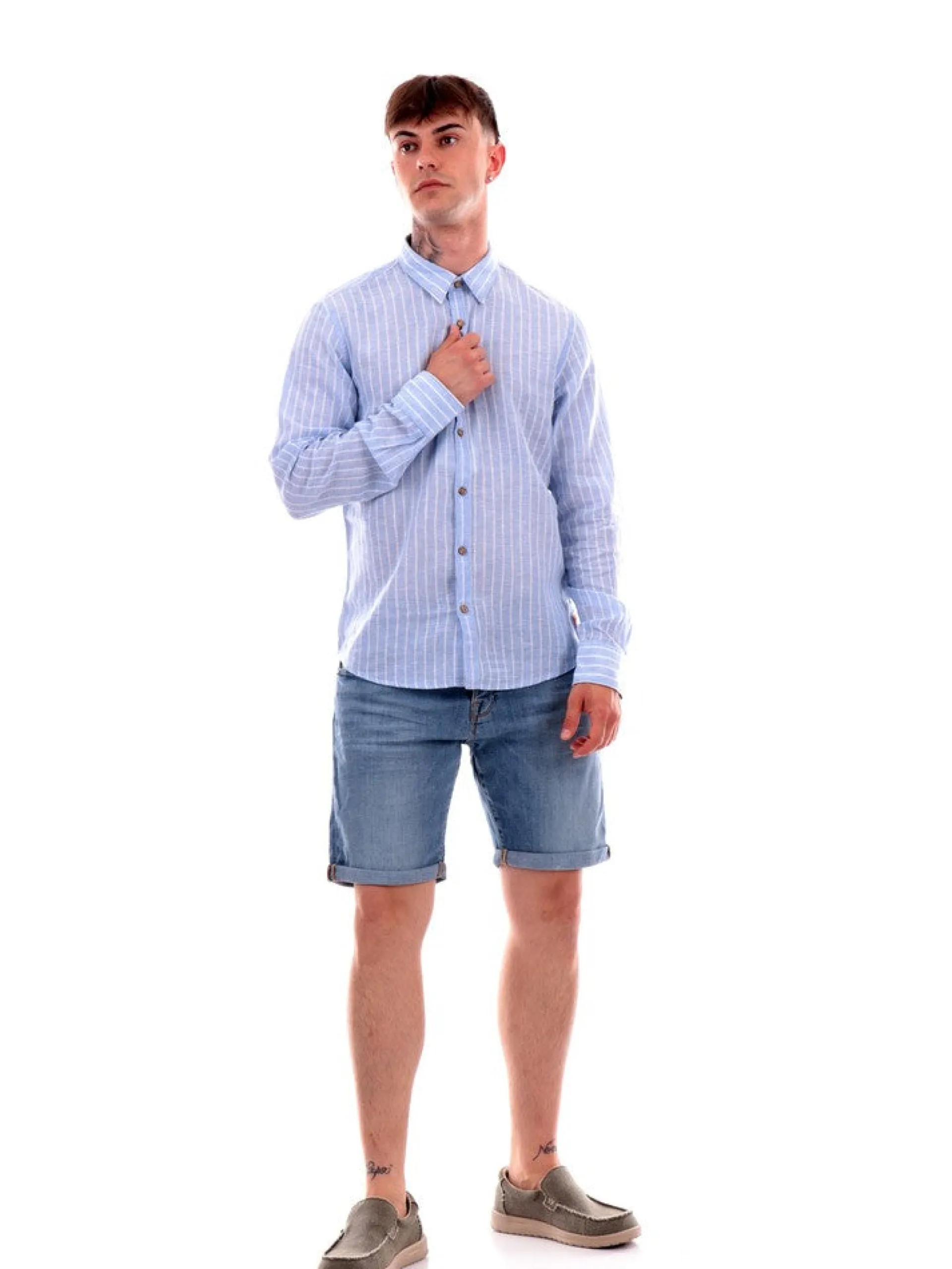 YES ZEE Camicie*Camicia celeste a righe da uomo C521UA002