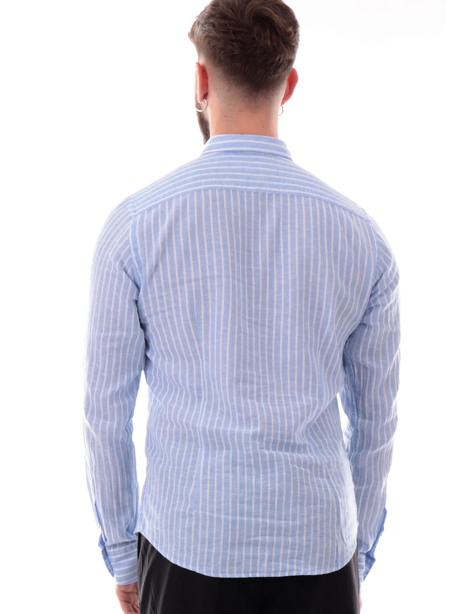 YES ZEE Camicie*Camicia maniche lunghe in lino a righe Celeste e bianche C521UA002700