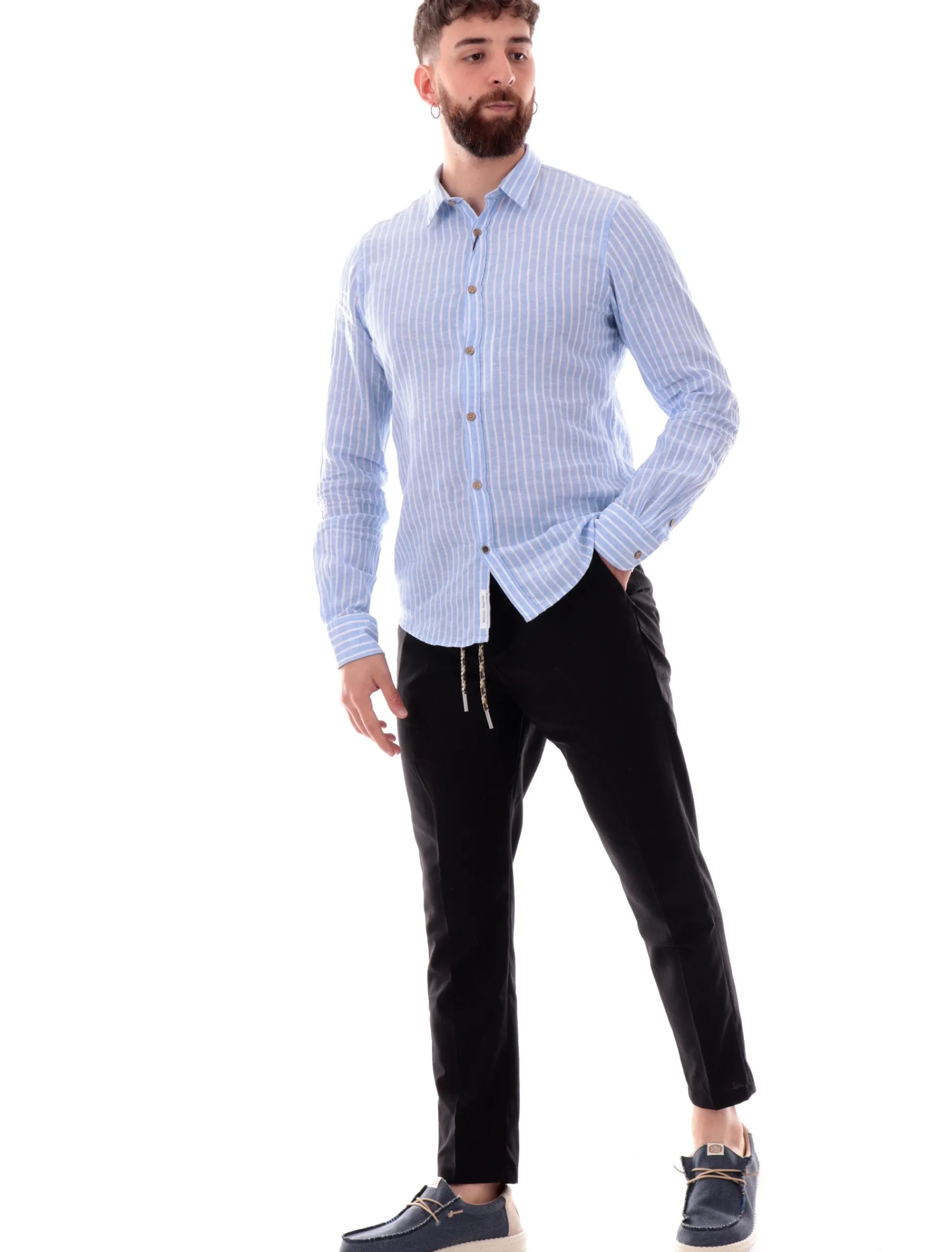 YES ZEE Camicie*Camicia maniche lunghe in lino a righe Celeste e bianche C521UA002700