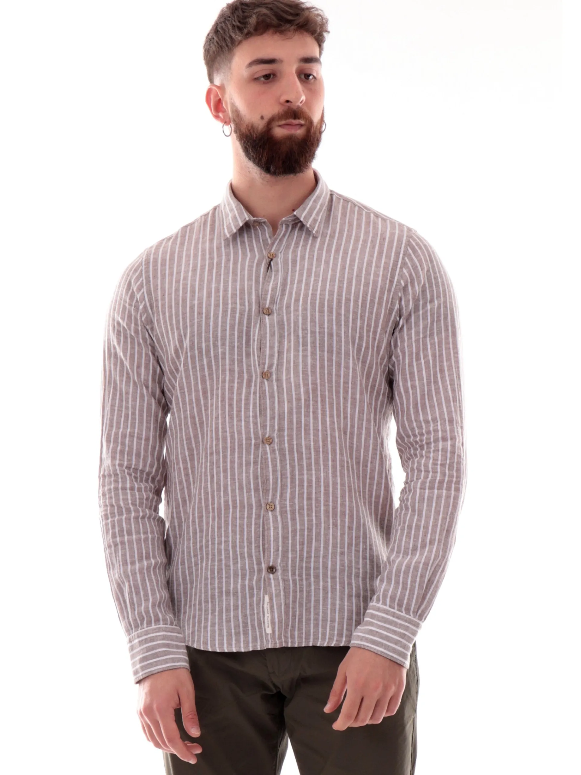 YES ZEE Camicie*Camicia maniche lunghe in lino a righe beige e bianche C521UA002232