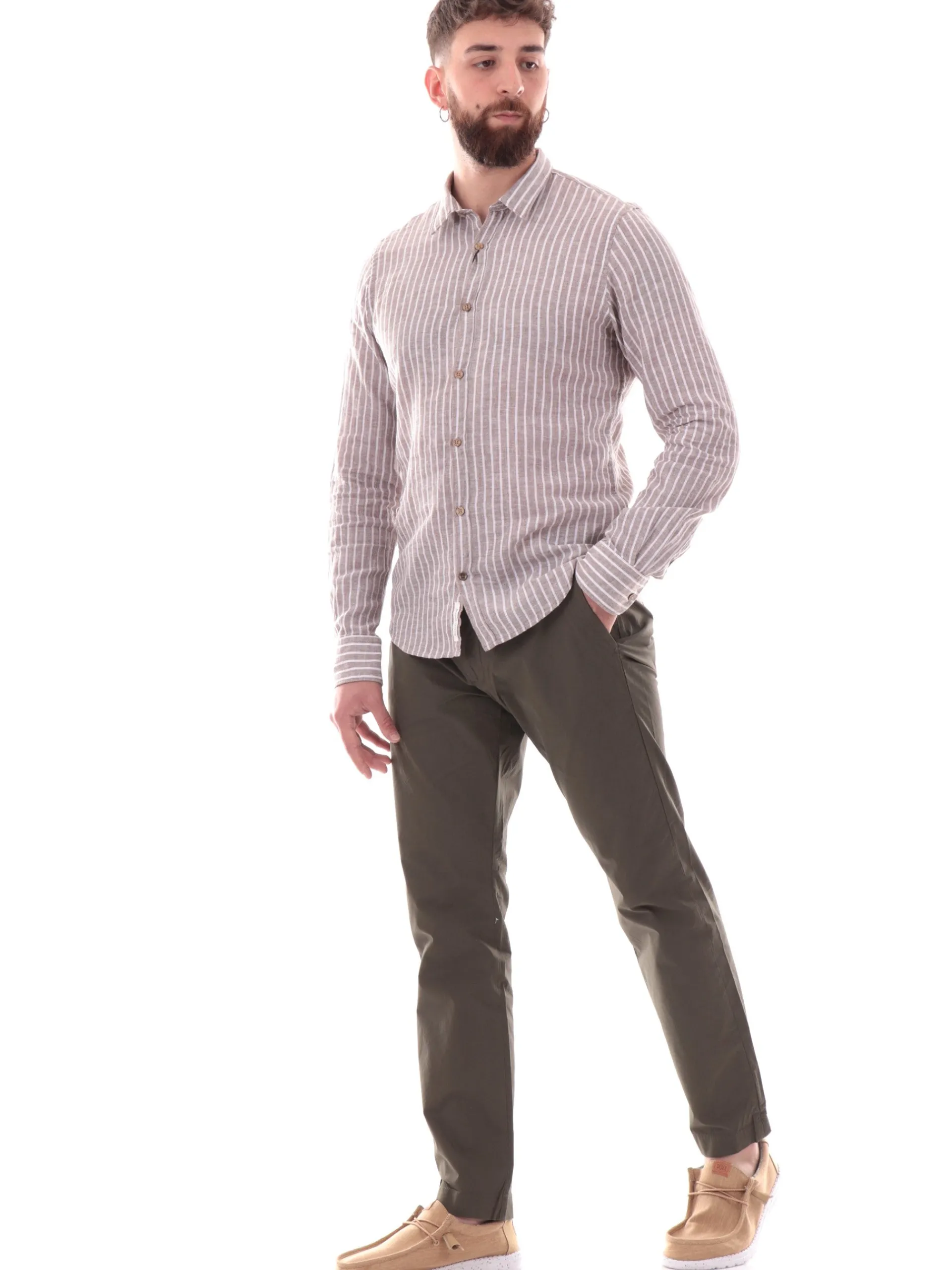 YES ZEE Camicie*Camicia maniche lunghe in lino a righe beige e bianche C521UA002232