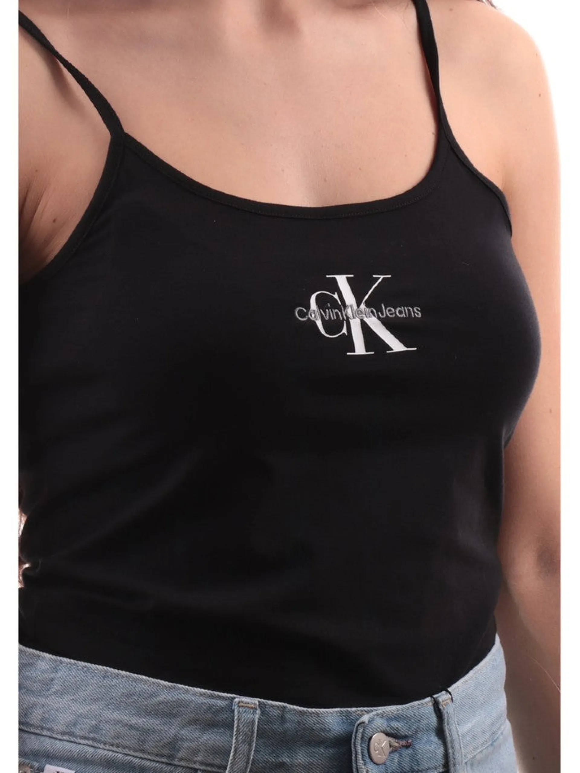 CALVIN KLEIN Maglie*Canotta Nera da Donna con logo bianco e CK ricamato