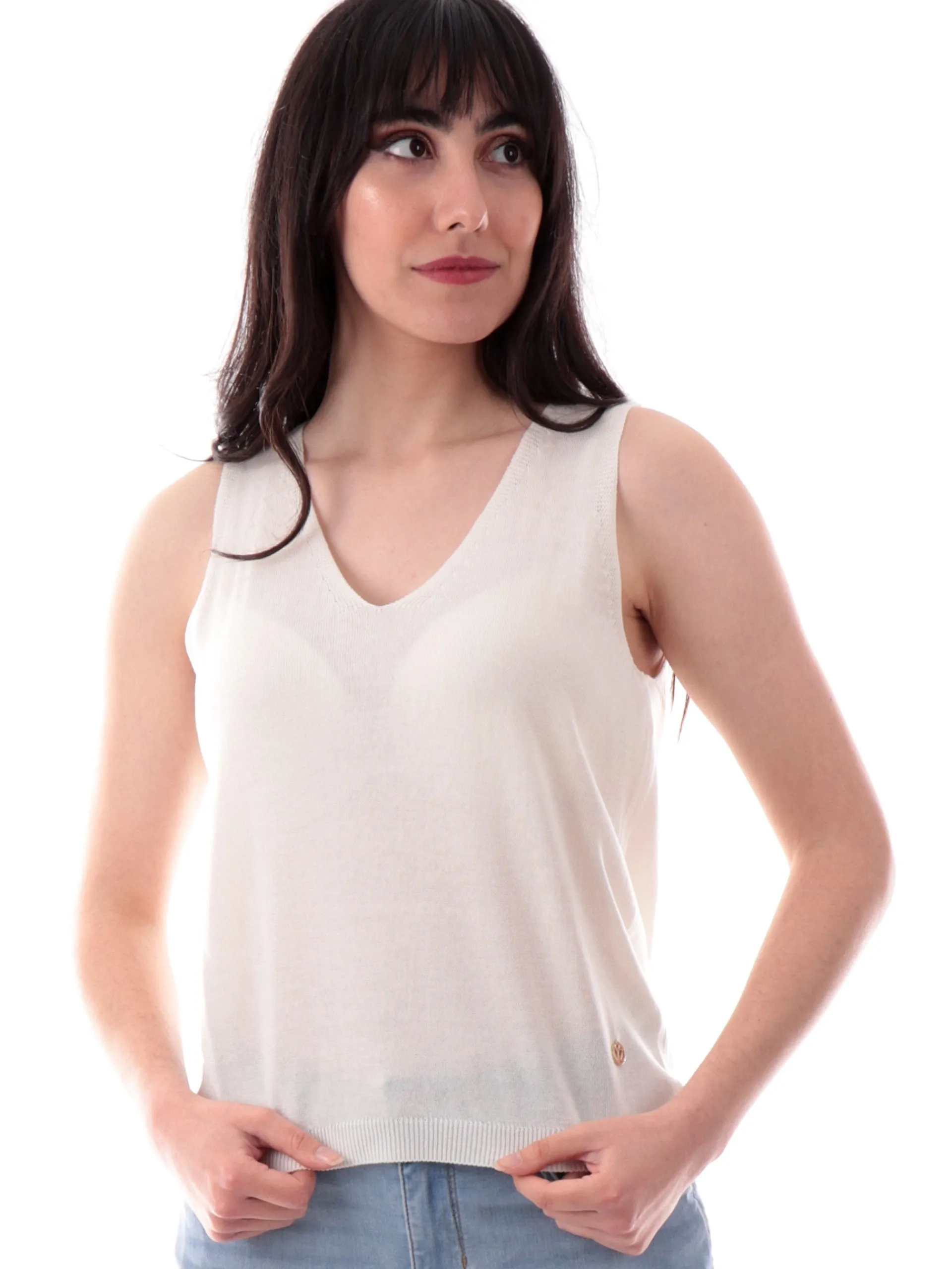 YES ZEE Maglie*Canotta filo lino bianca da donna scollo a V M232HF000101
