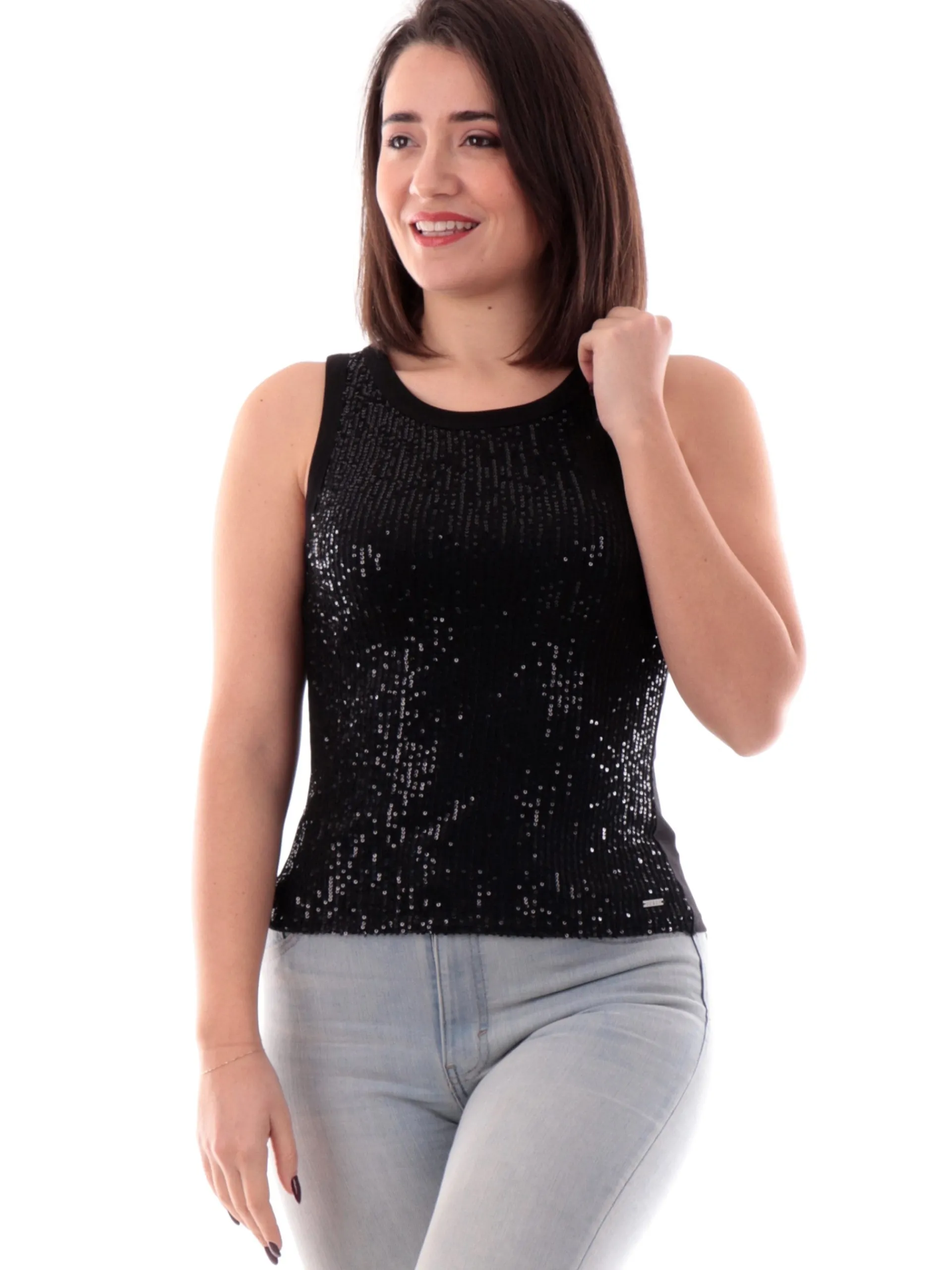 GUESS Maglie*Canotta nera donna sottogiacca paillets Tank top alexis W5GP06KCS10