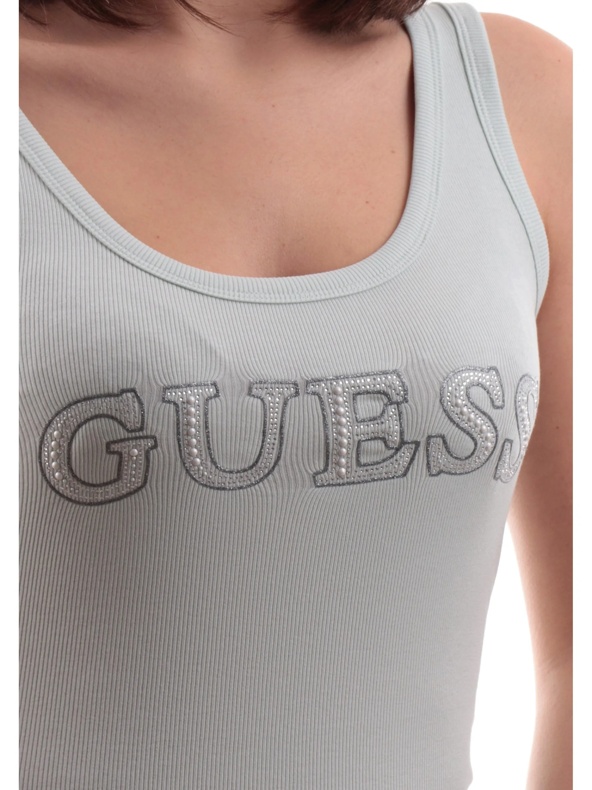 GUESS Maglie*Canotta verde da donna logo strass e glitter W5GP29KA0H1