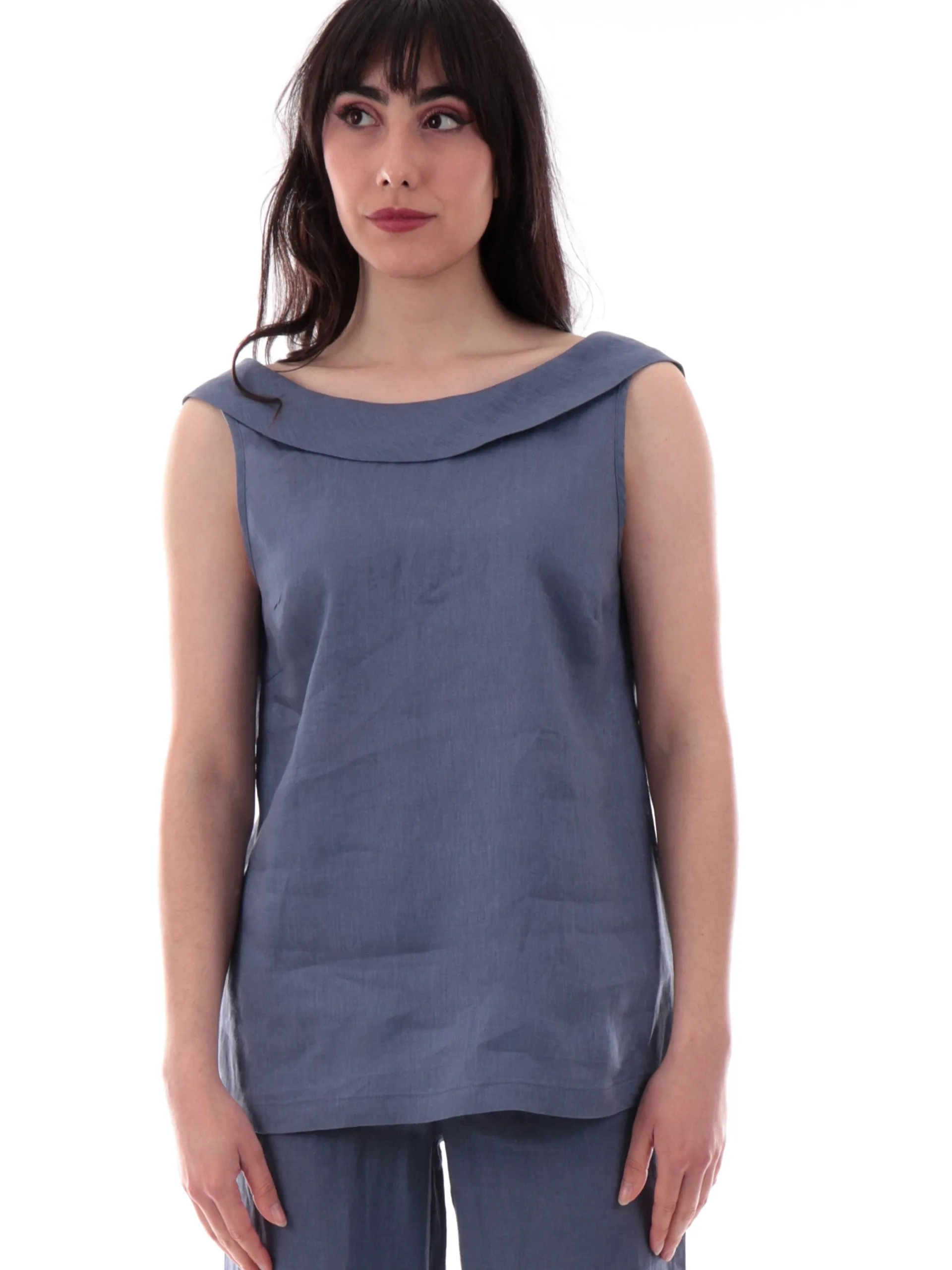 ANIS Maglie*Canotta lino blu scollo posteriore da donna vestibilità morbida 251C1362