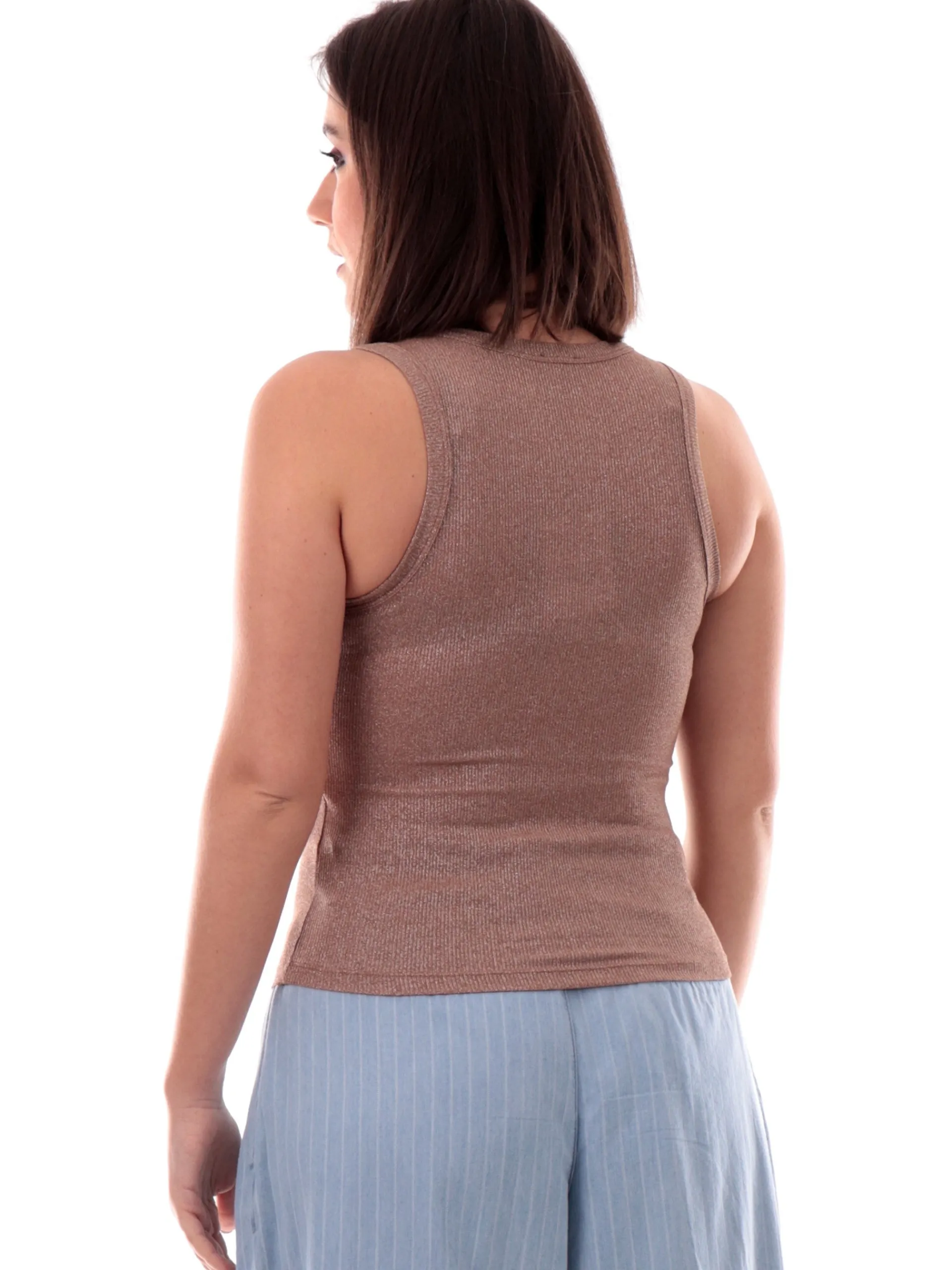 EMME MARELLA Maglie*Canotta lurex Bronzo a costine beige con bretelle e linee femminili FASTO004