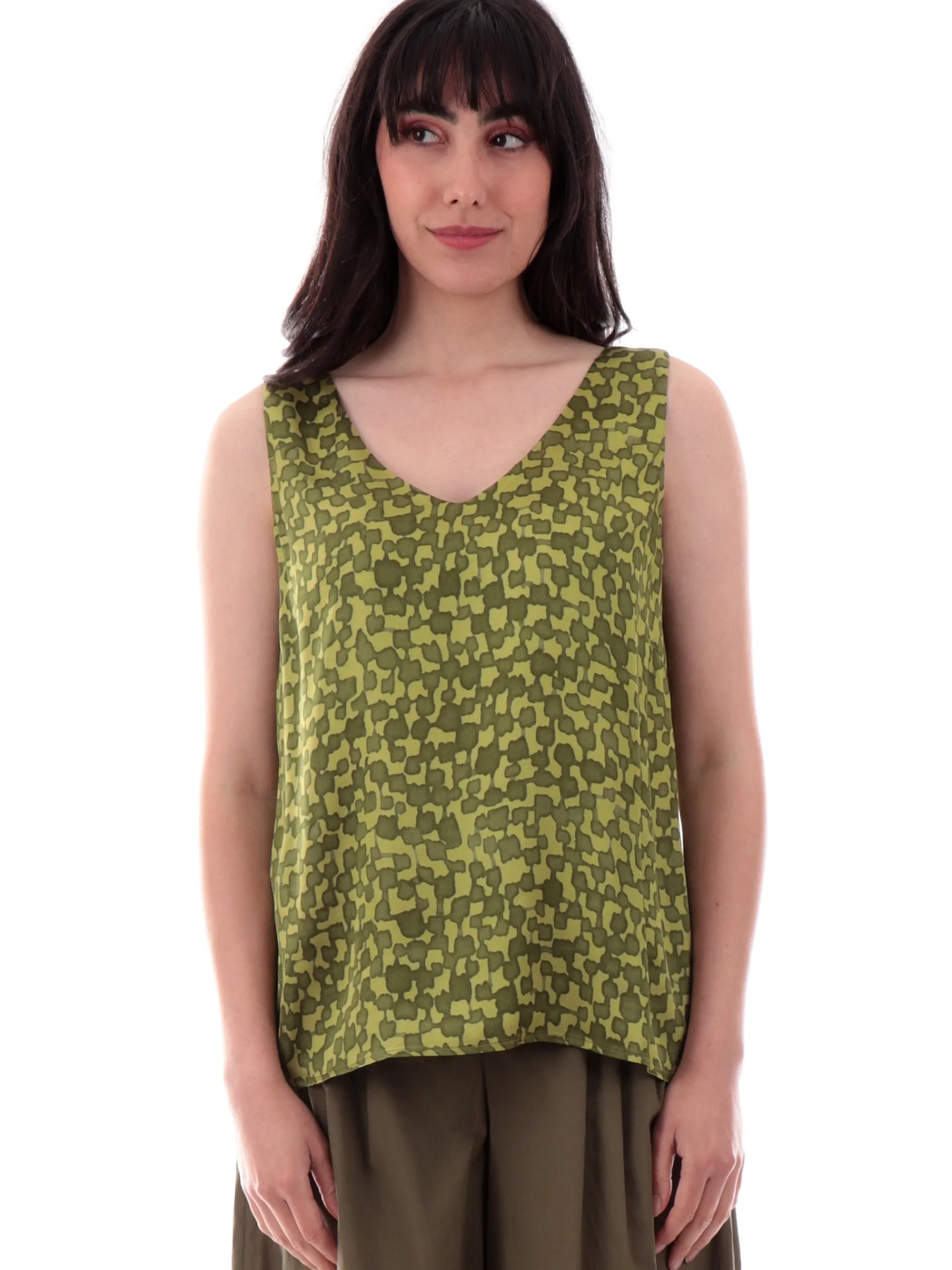 MANILA GRACE Maglie*Canotta verde fantasia foglie scollo a V e fondo svasato Y214VSMA268