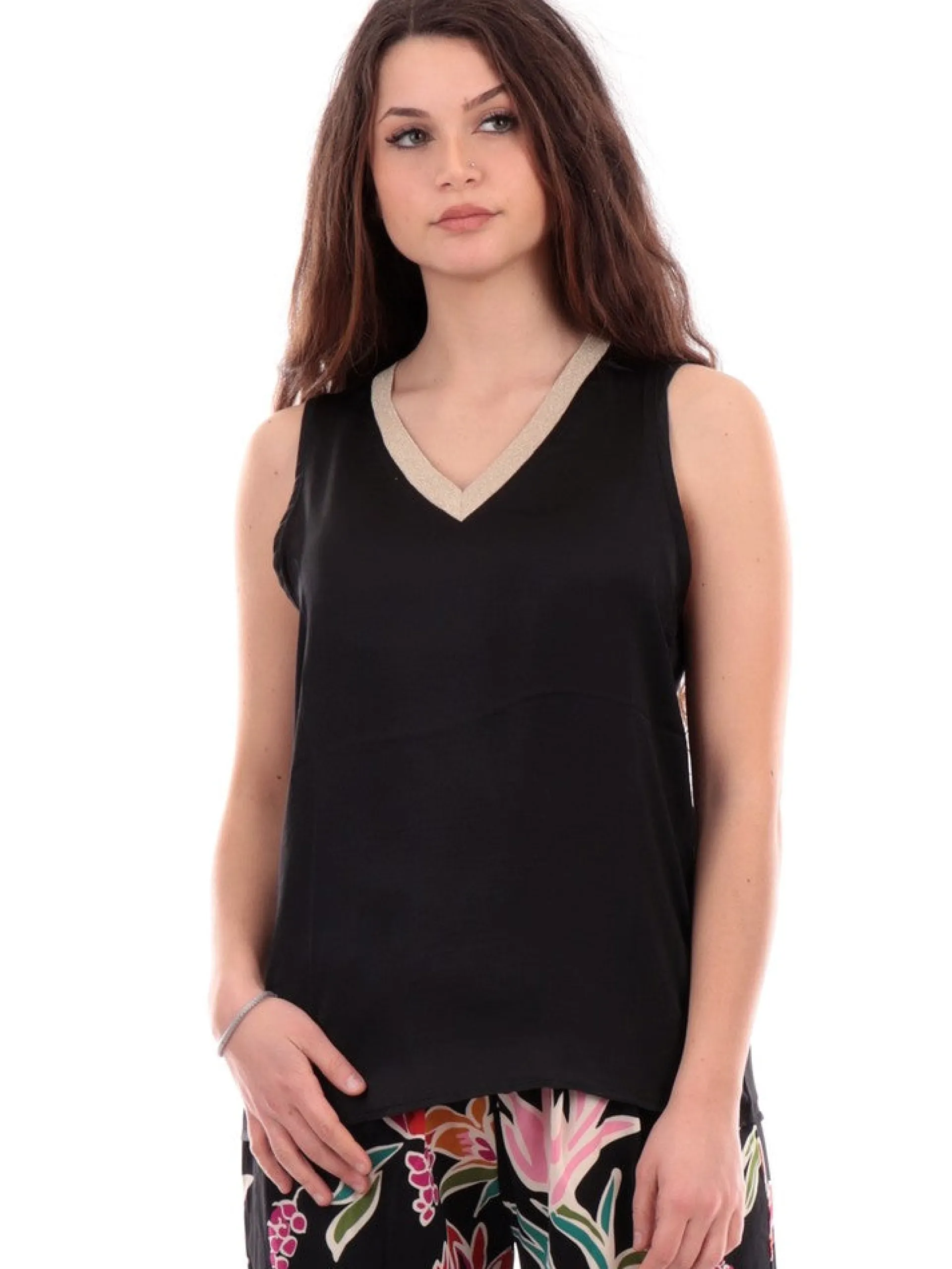 MOLLYBRACKEN Maglie*Canotta Raso Nera scollo a V con profilo oro lurex Molly Bracken MWS115CP