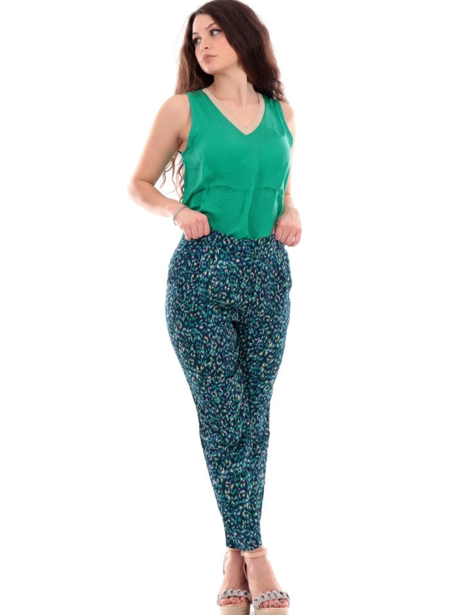 MOLLYBRACKEN Maglie*Canotta Raso Verde scollo a V con profilo oro lurex Molly Bracken MWS115CP