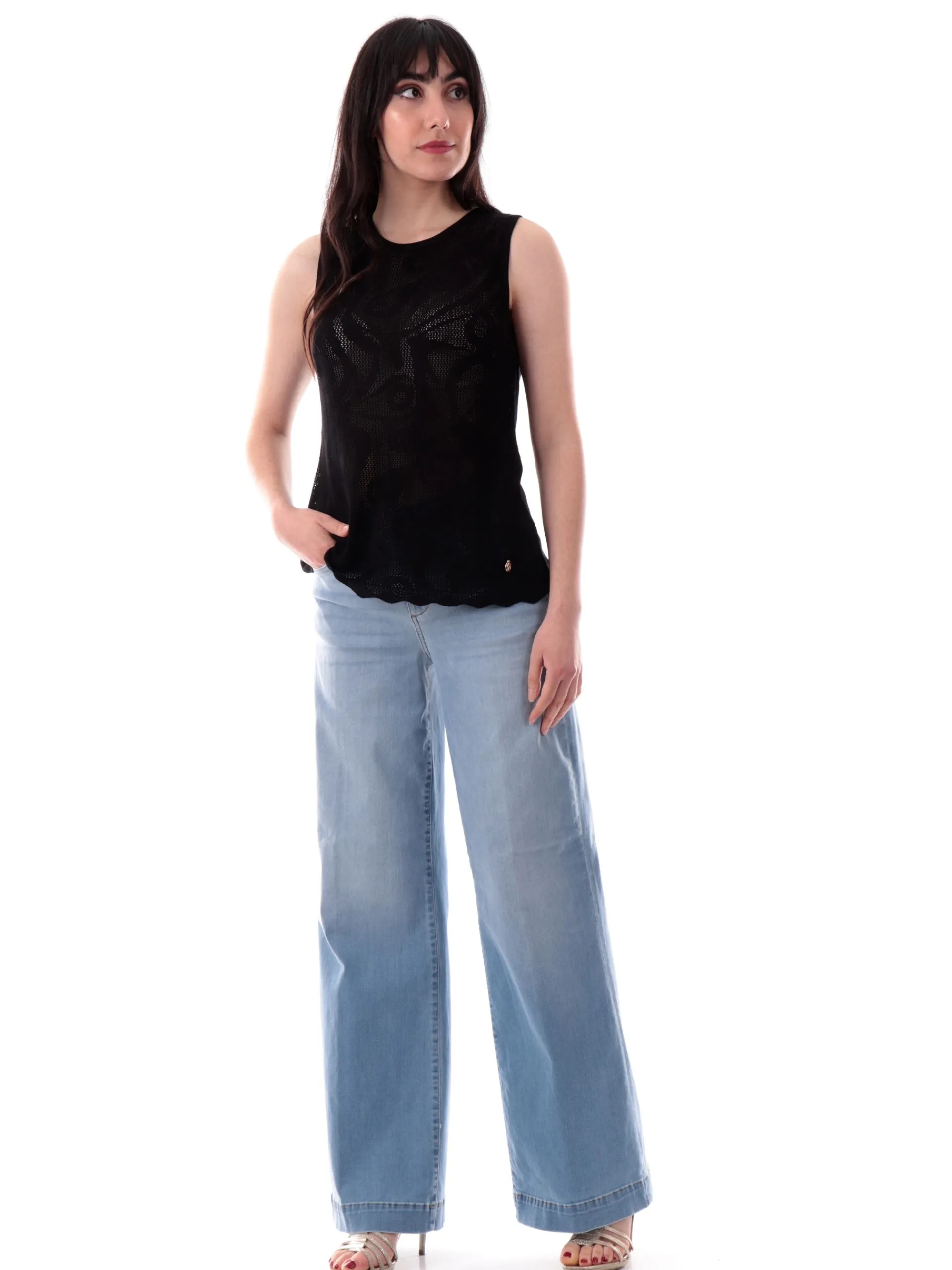 YES ZEE Maglie*Canotta donna in filo traforata nera M227I9000801