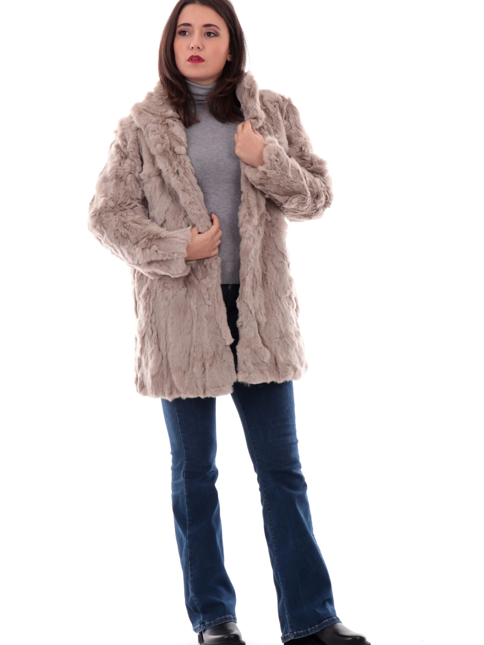 TAVUS Cappotti*Cappotto Pelliccia Rex beige da donna vera 100% lapin 24164