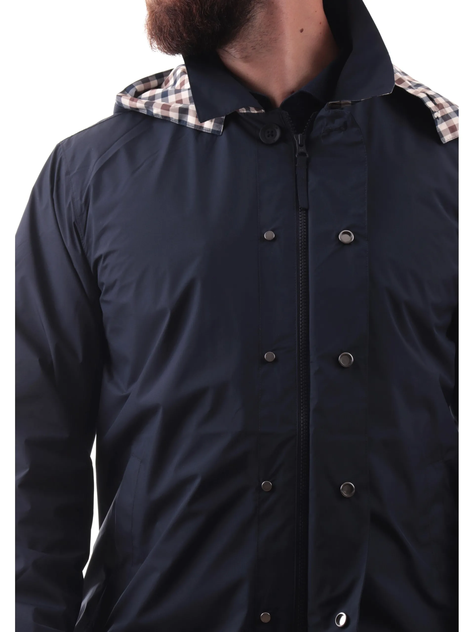 AQUASCUTUM Cappotti*Cappotto primaverile blu da uomo trench con cappuccio removibile AAB005JK014